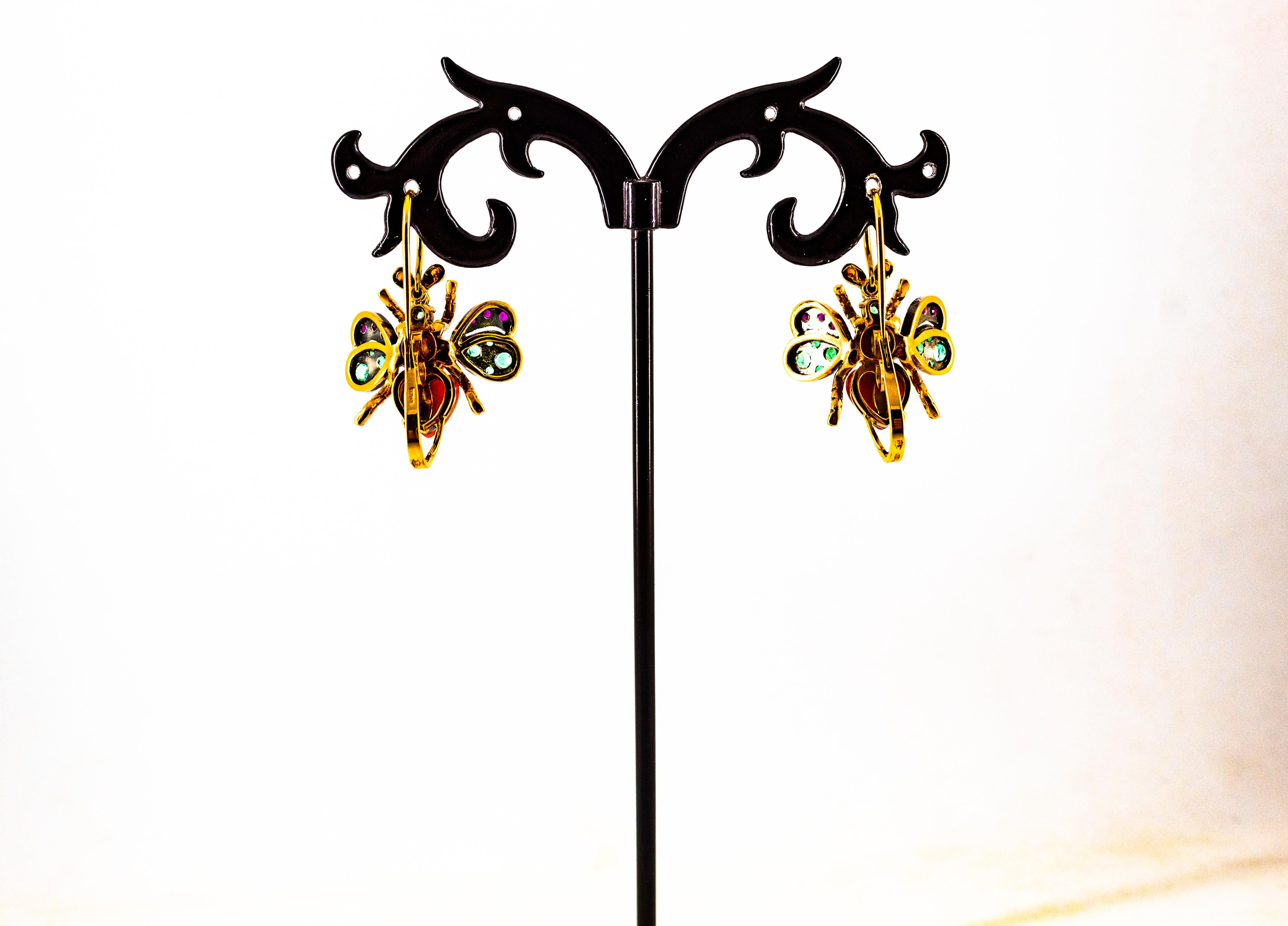 Jugendstil-Ohrringe mit Klappbrisur, weißer Diamant, Smaragd, Rubin, roter Koralle, Gelbgold im Angebot 4