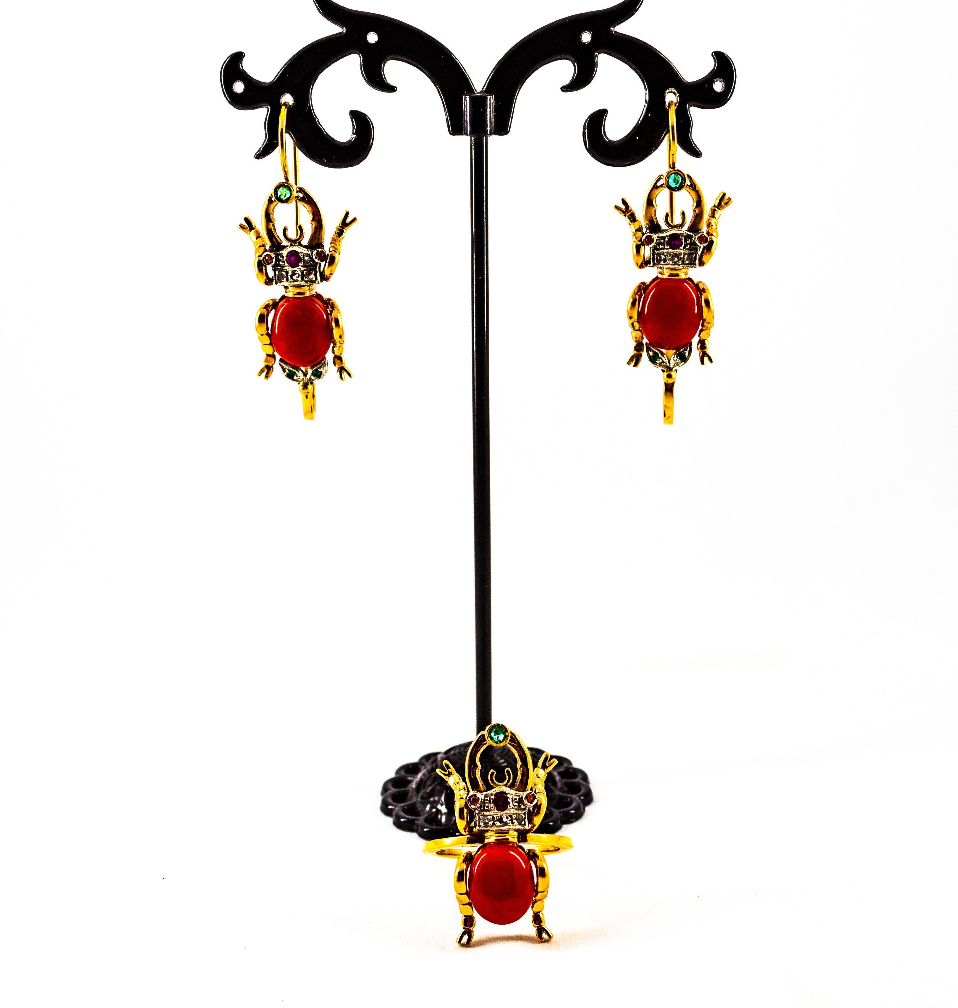 Boucles d'oreilles à levier Art Nouveau en or jaune avec diamants blancs, émeraudes, rubis, corail rouge en vente 5