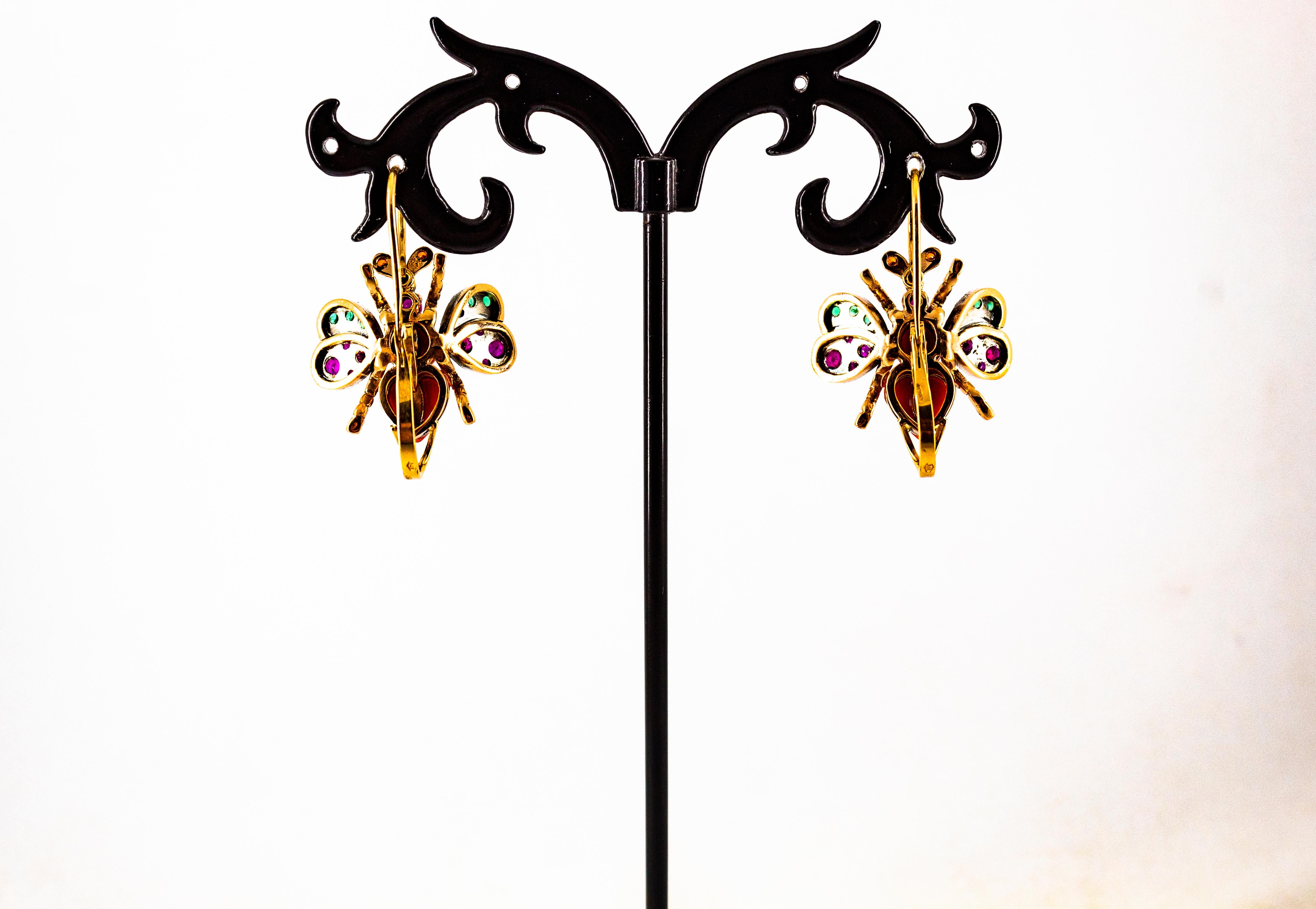 Art Nouveau Pendientes de oro amarillo con diamante blanco esmeralda rubí coral rojo en venta 6