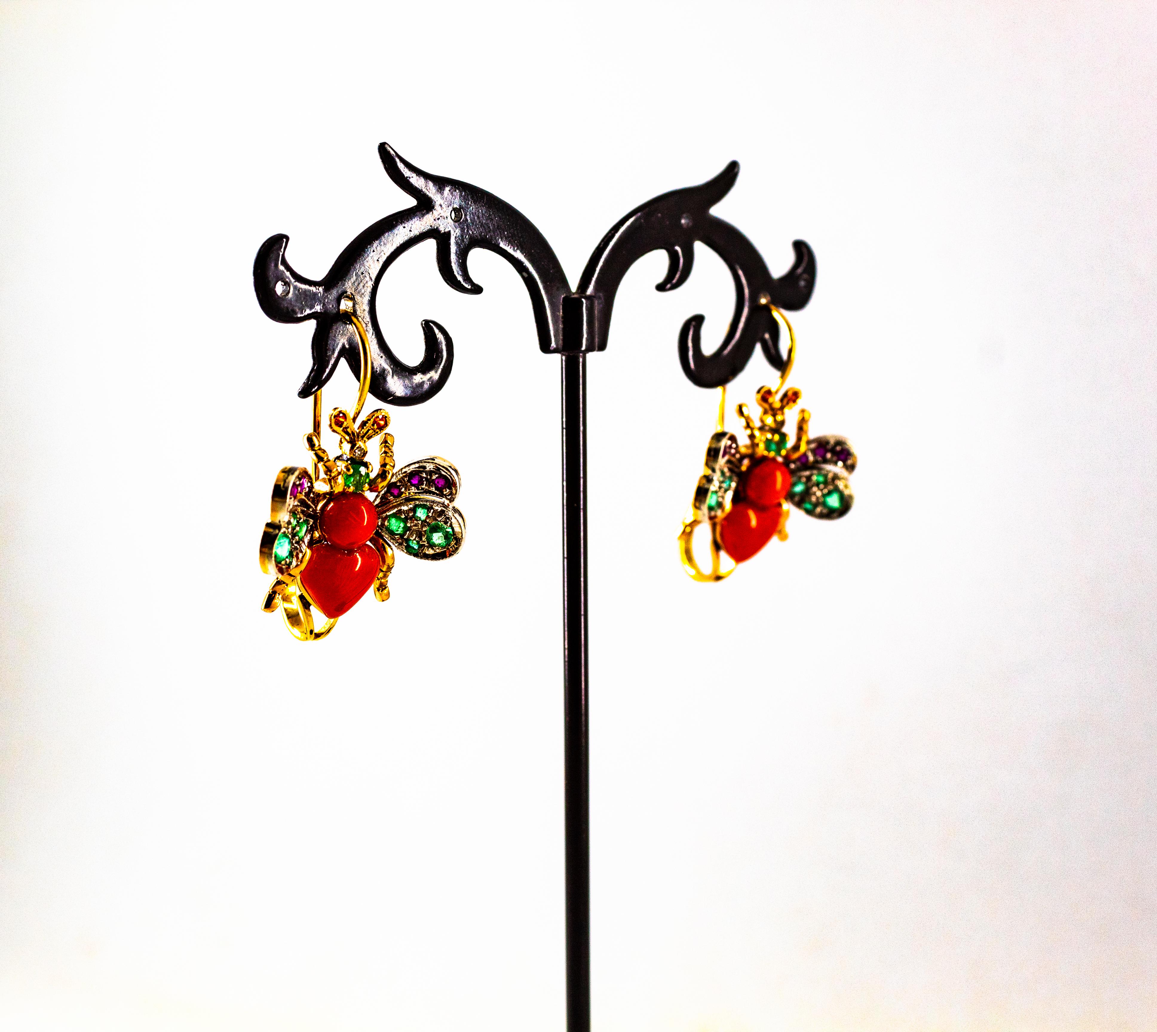 Jugendstil-Ohrringe mit Klappbrisur, weißer Diamant, Smaragd, Rubin, roter Koralle, Gelbgold im Angebot 5