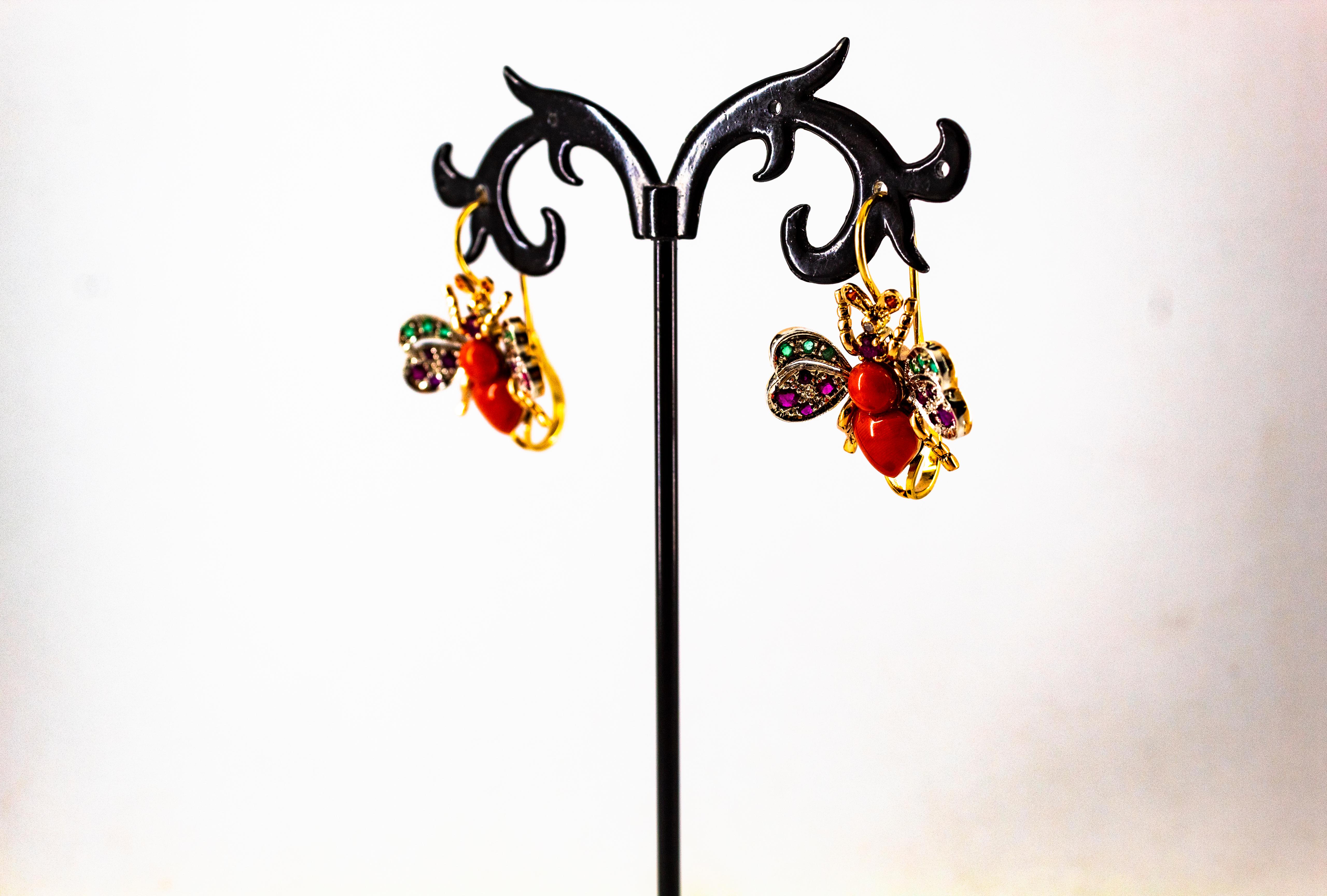 Art Nouveau White Diamond Emerald Ruby Red Coral Yellow Gold Lever-Back Earrings For Sale 4