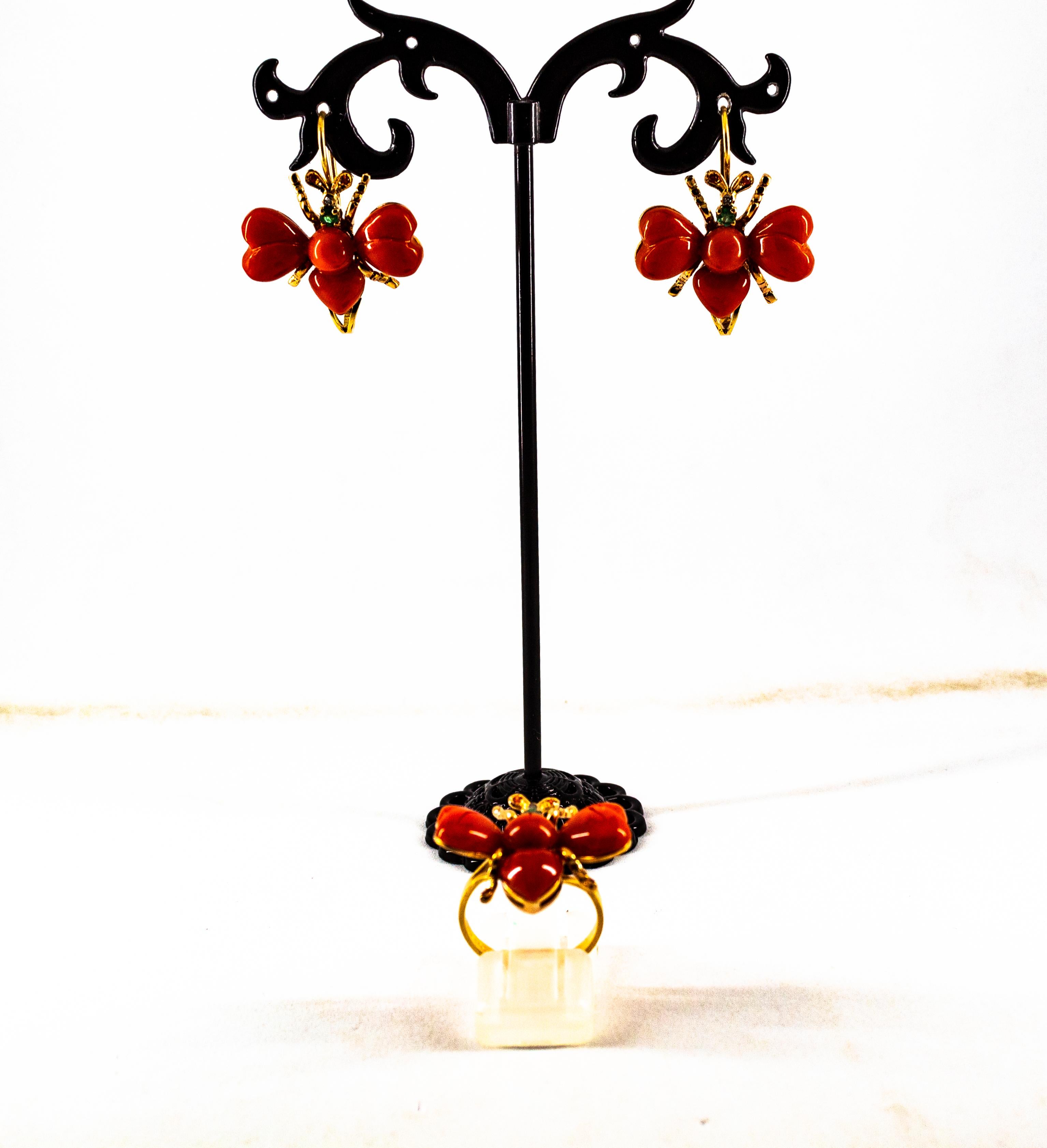 Boucles d'oreilles à levier Art Nouveau en or jaune avec diamants blancs, émeraudes, rubis, corail rouge en vente 6