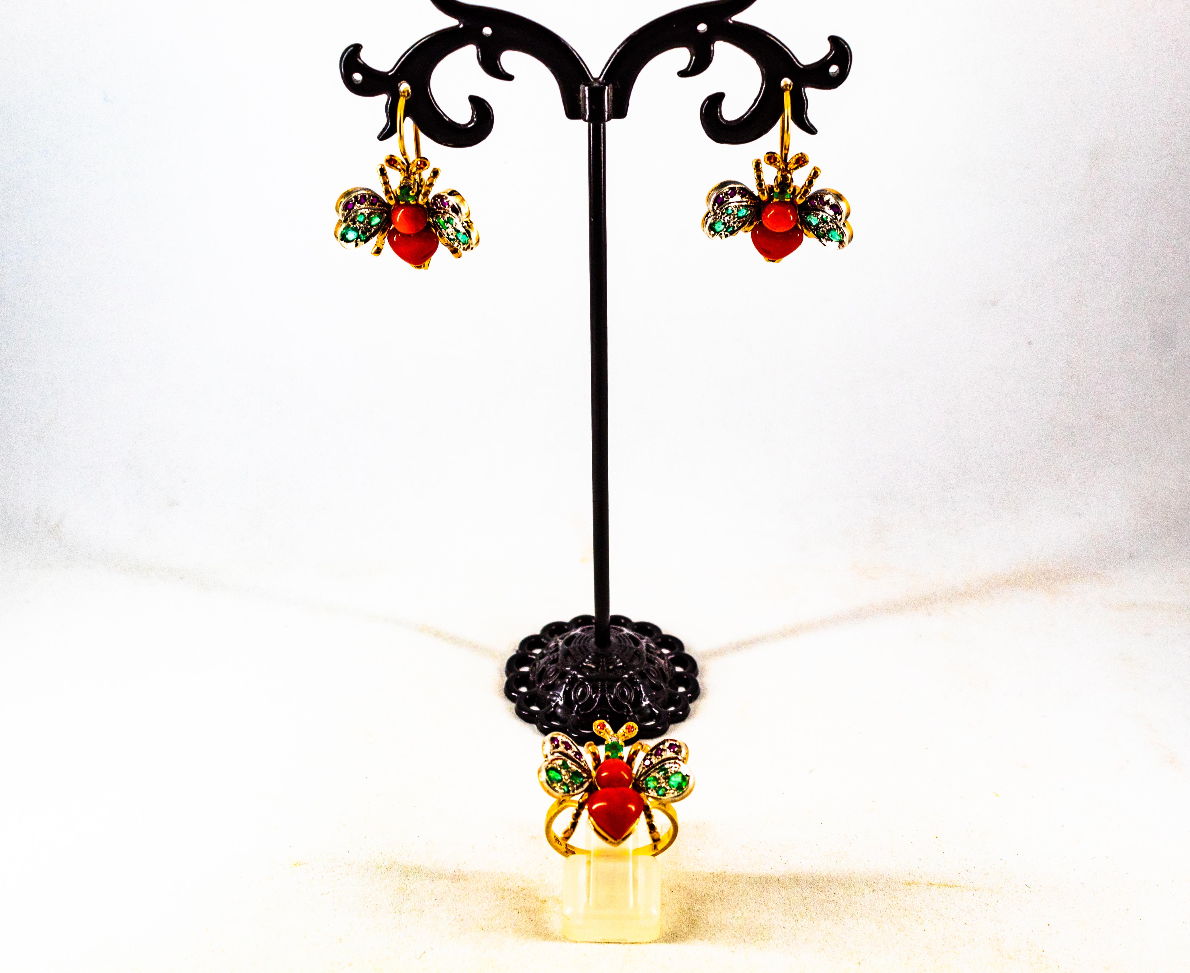 Jugendstil-Ohrringe mit Klappbrisur, weißer Diamant, Smaragd, Rubin, roter Koralle, Gelbgold im Angebot 6