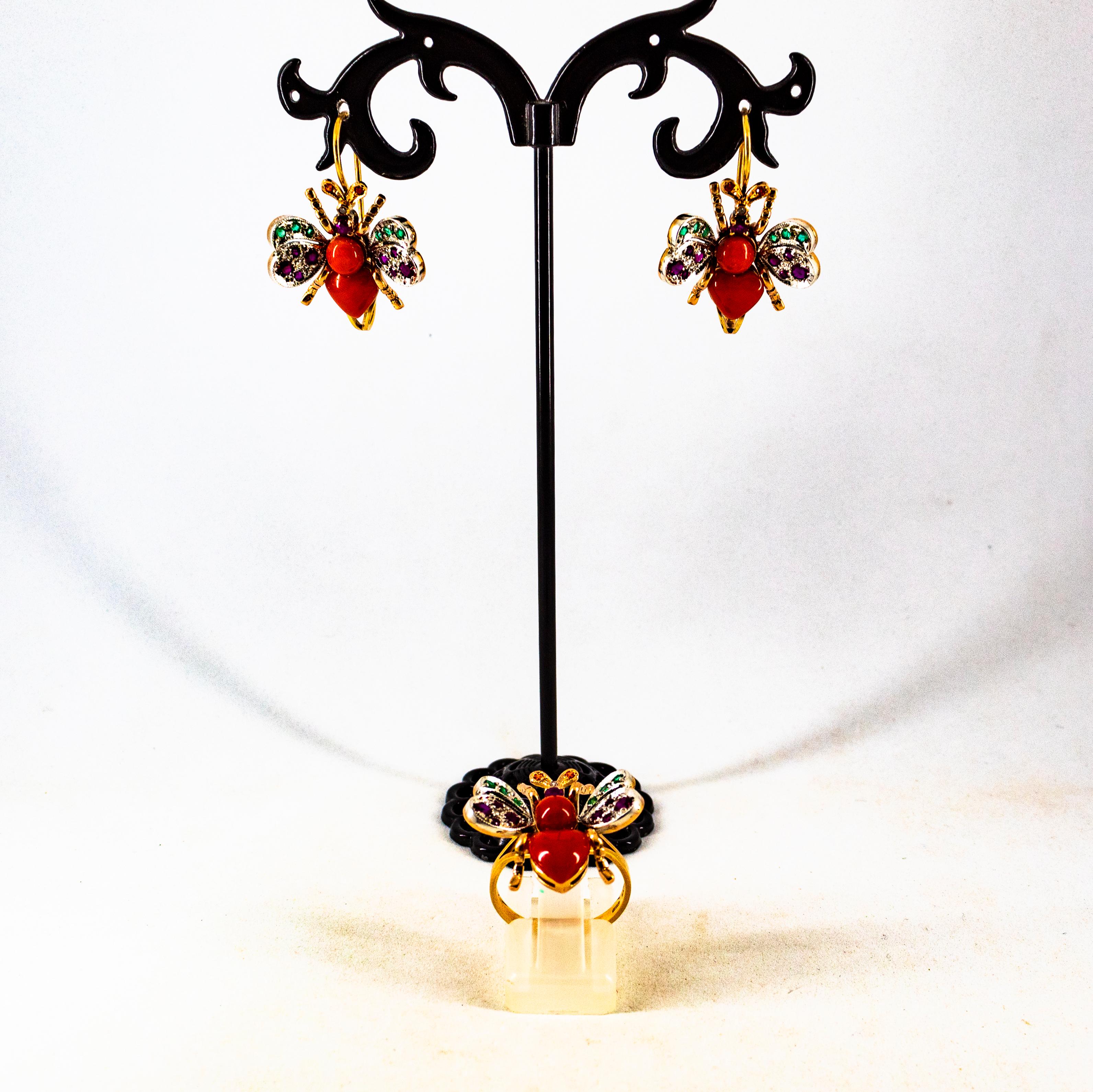 Boucles d'oreilles à levier Art Nouveau en or jaune avec diamants blancs, émeraudes, rubis, corail rouge en vente 7