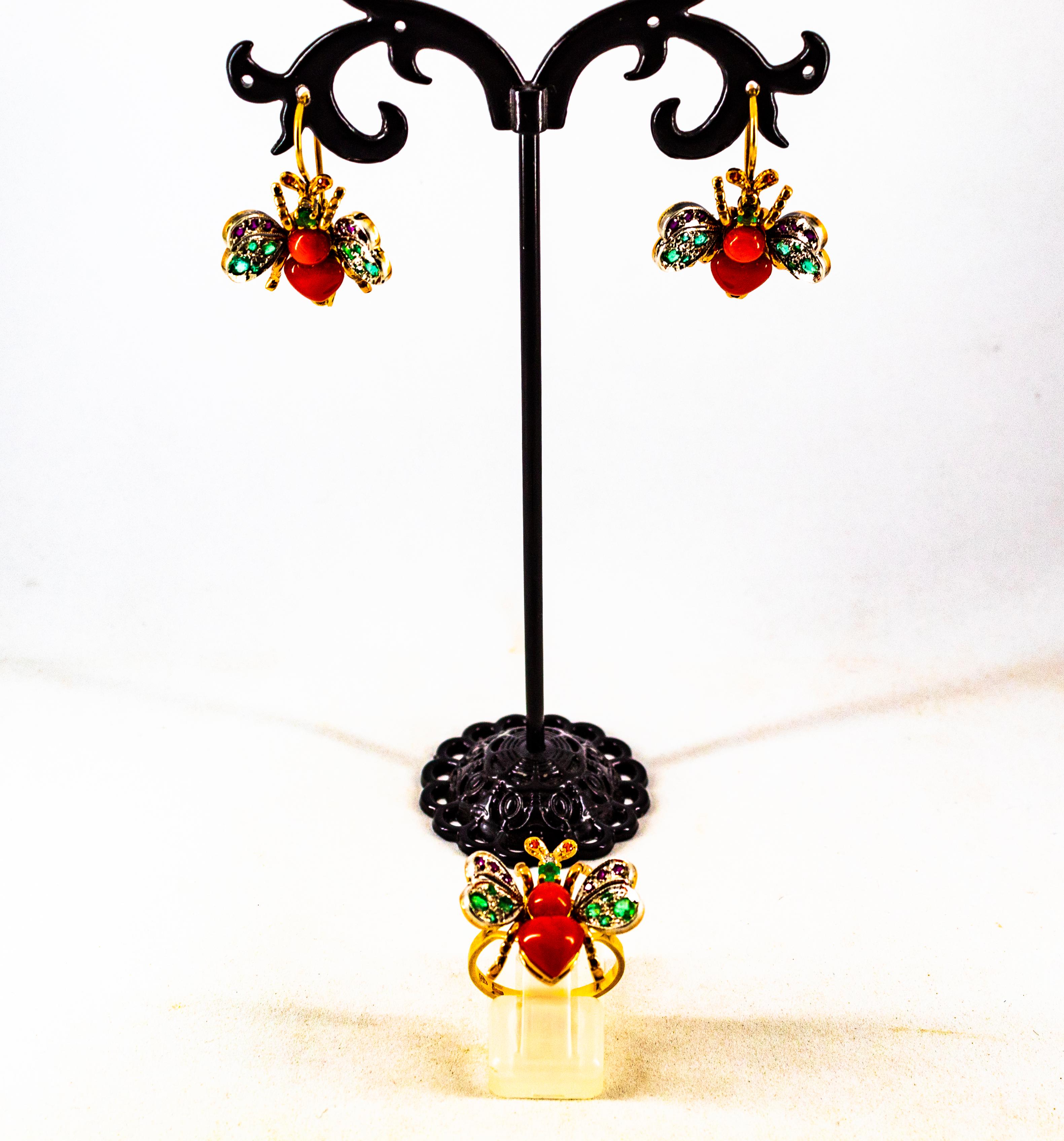 Art Nouveau White Diamond Emerald Ruby Red Coral Yellow Gold Lever-Back Earrings For Sale 8