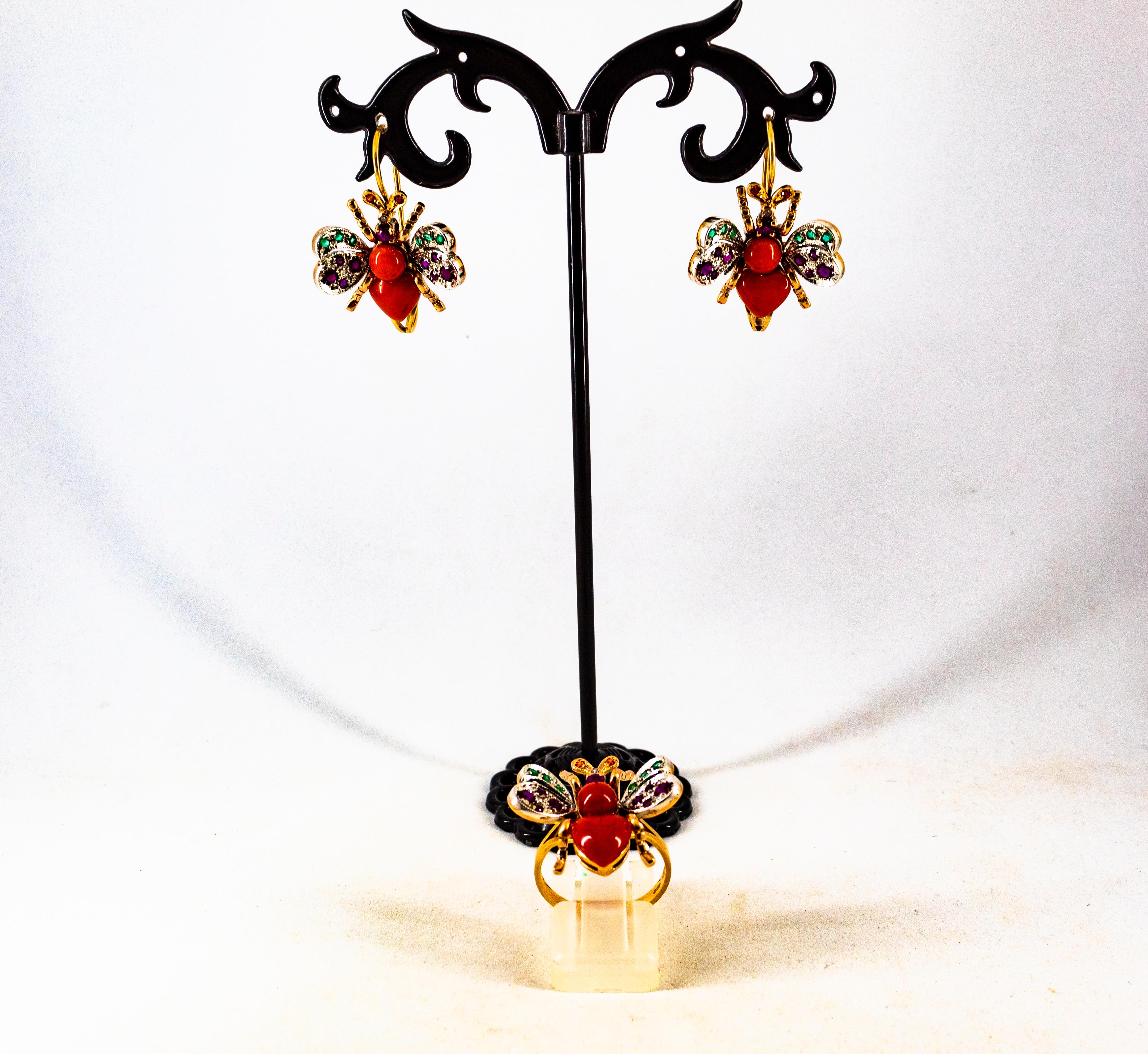 Boucles d'oreilles à levier Art Nouveau en or jaune avec diamants blancs, émeraudes, rubis, corail rouge en vente 8