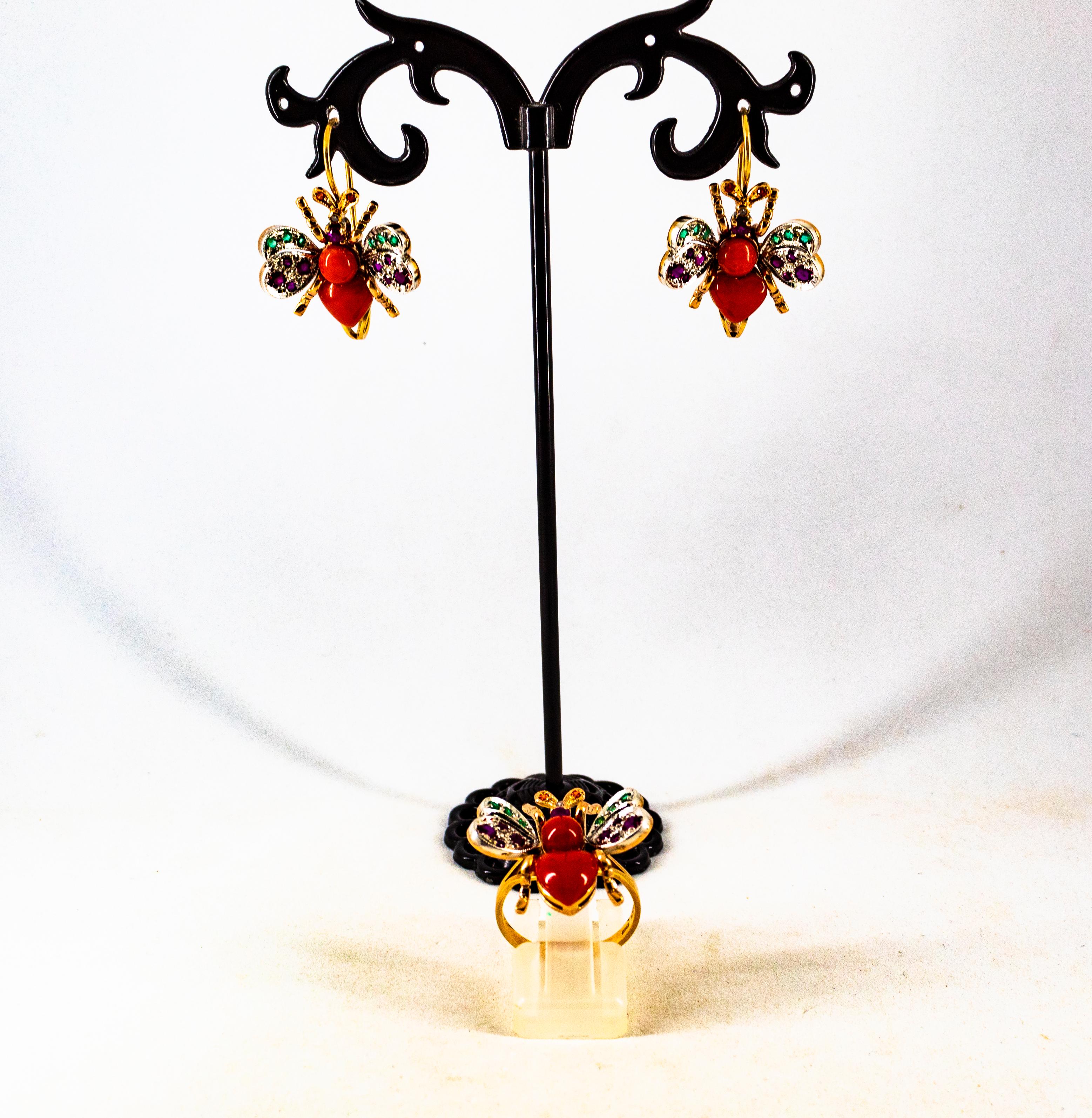 Boucles d'oreilles à levier Art Nouveau en or jaune avec diamants blancs, émeraudes, rubis, corail rouge en vente 9