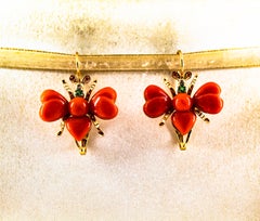 Art Nouveau White Diamond Emerald Ruby Red Coral Yellow Gold Lever-Back Earrings