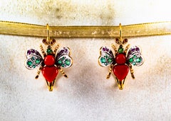 Art Nouveau White Diamond Emerald Ruby Red Coral Yellow Gold Lever-Back Earrings