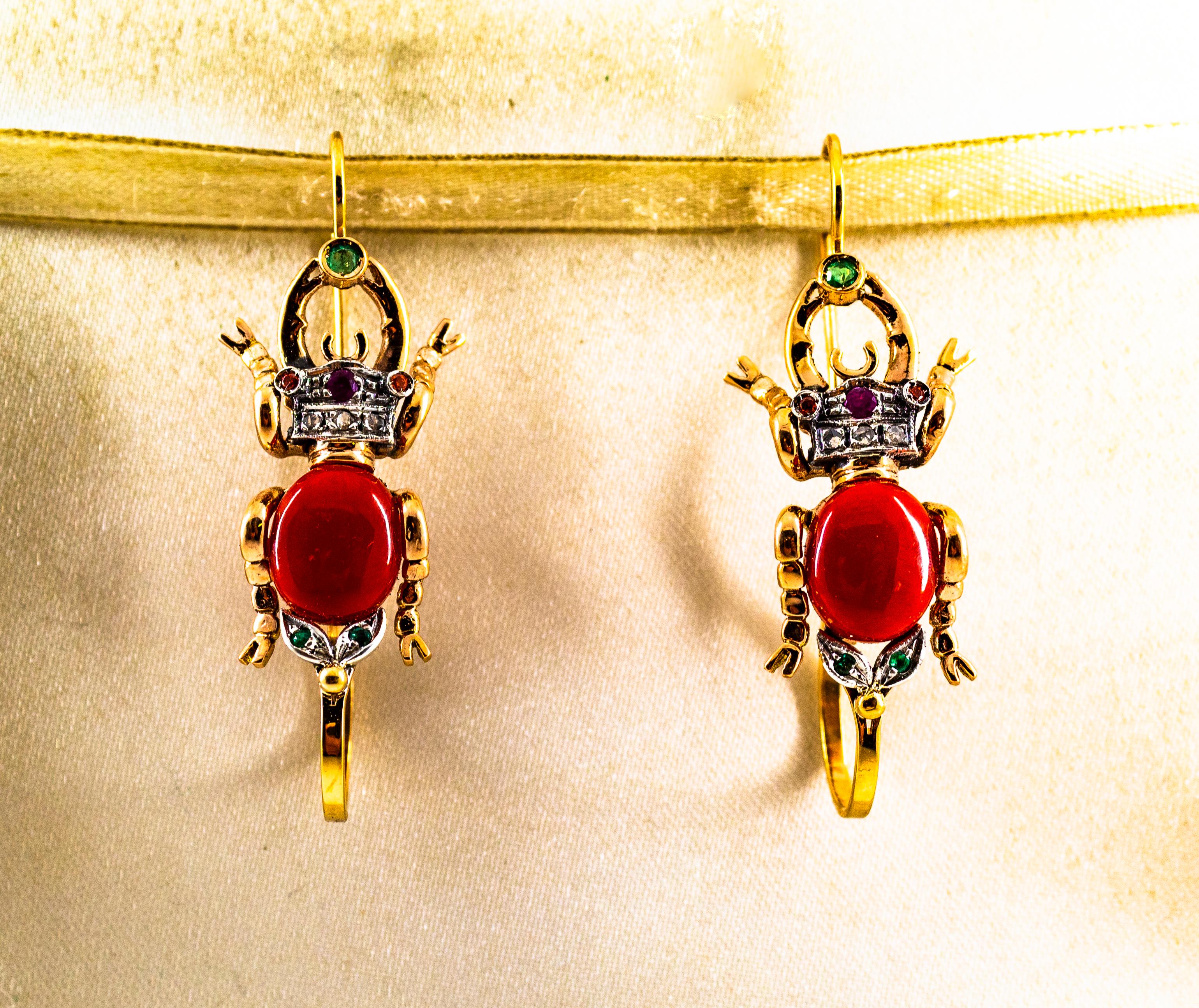 Rose Cut Art Nouveau White Diamond Emerald Ruby Red Coral Yellow Gold Lever-Back Earrings For Sale