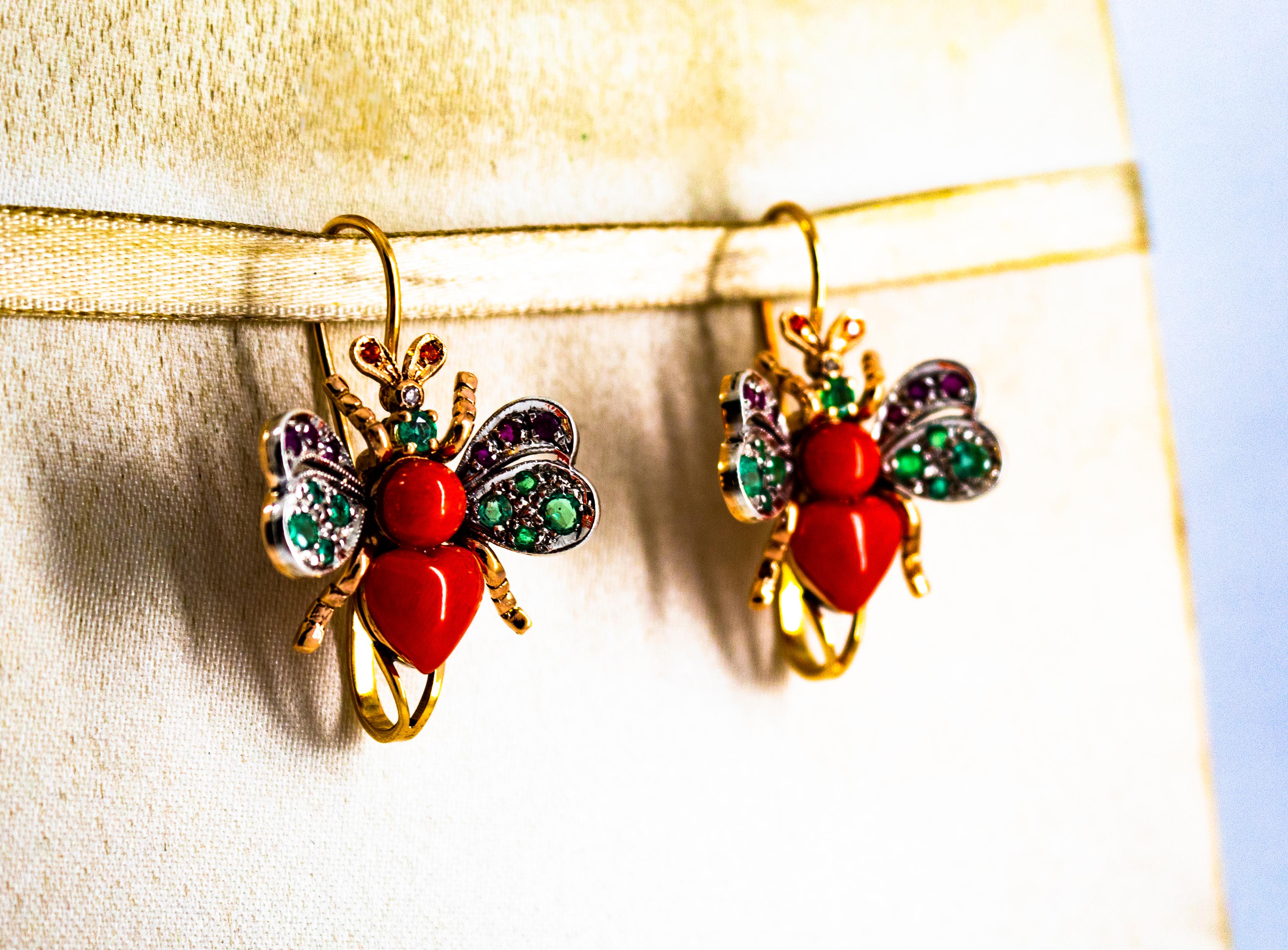 Brilliant Cut Art Nouveau White Diamond Emerald Ruby Red Coral Yellow Gold Lever-Back Earrings For Sale