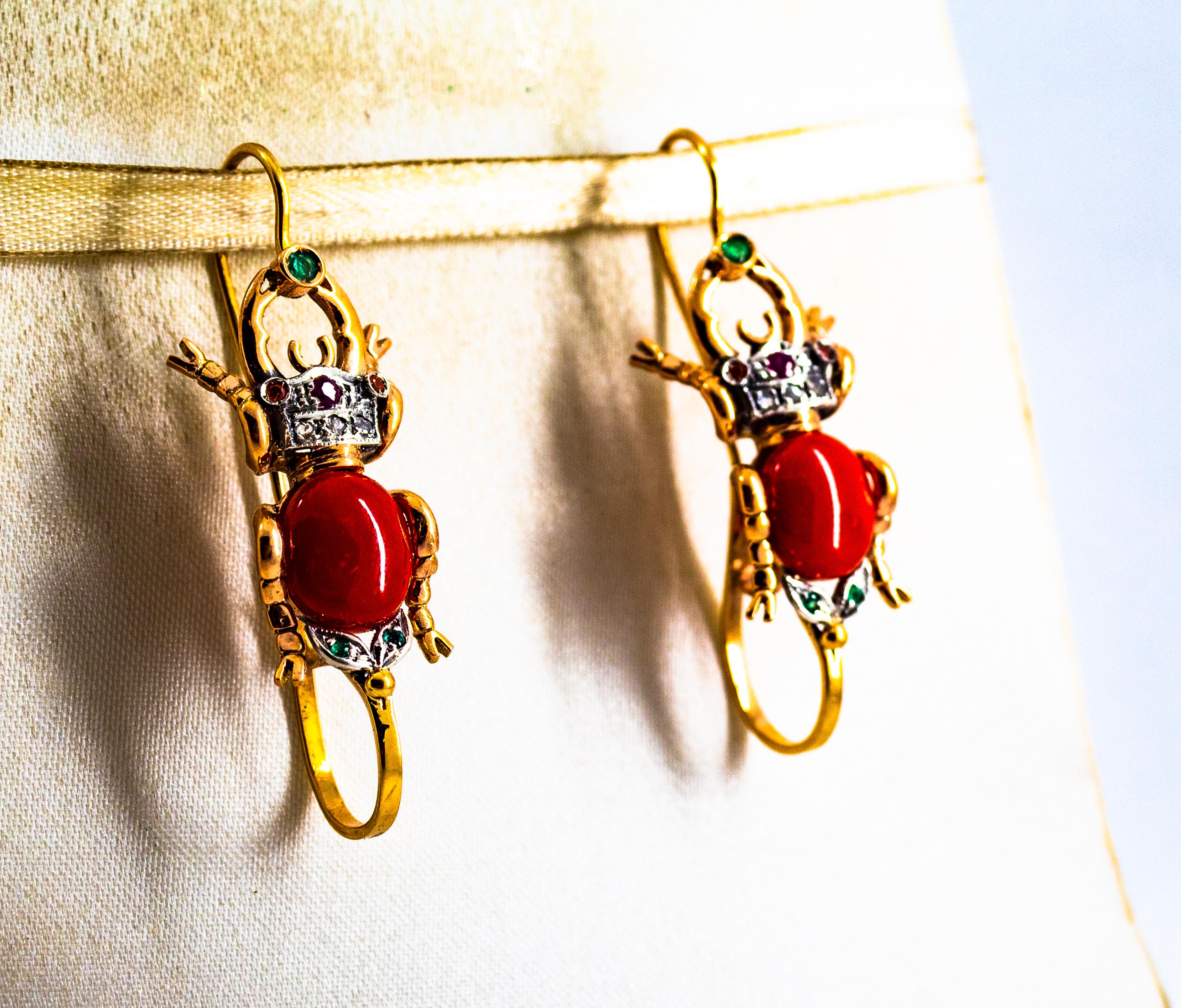 Art Nouveau White Diamond Emerald Ruby Red Coral Yellow Gold Lever-Back Earrings In New Condition For Sale In Naples, IT