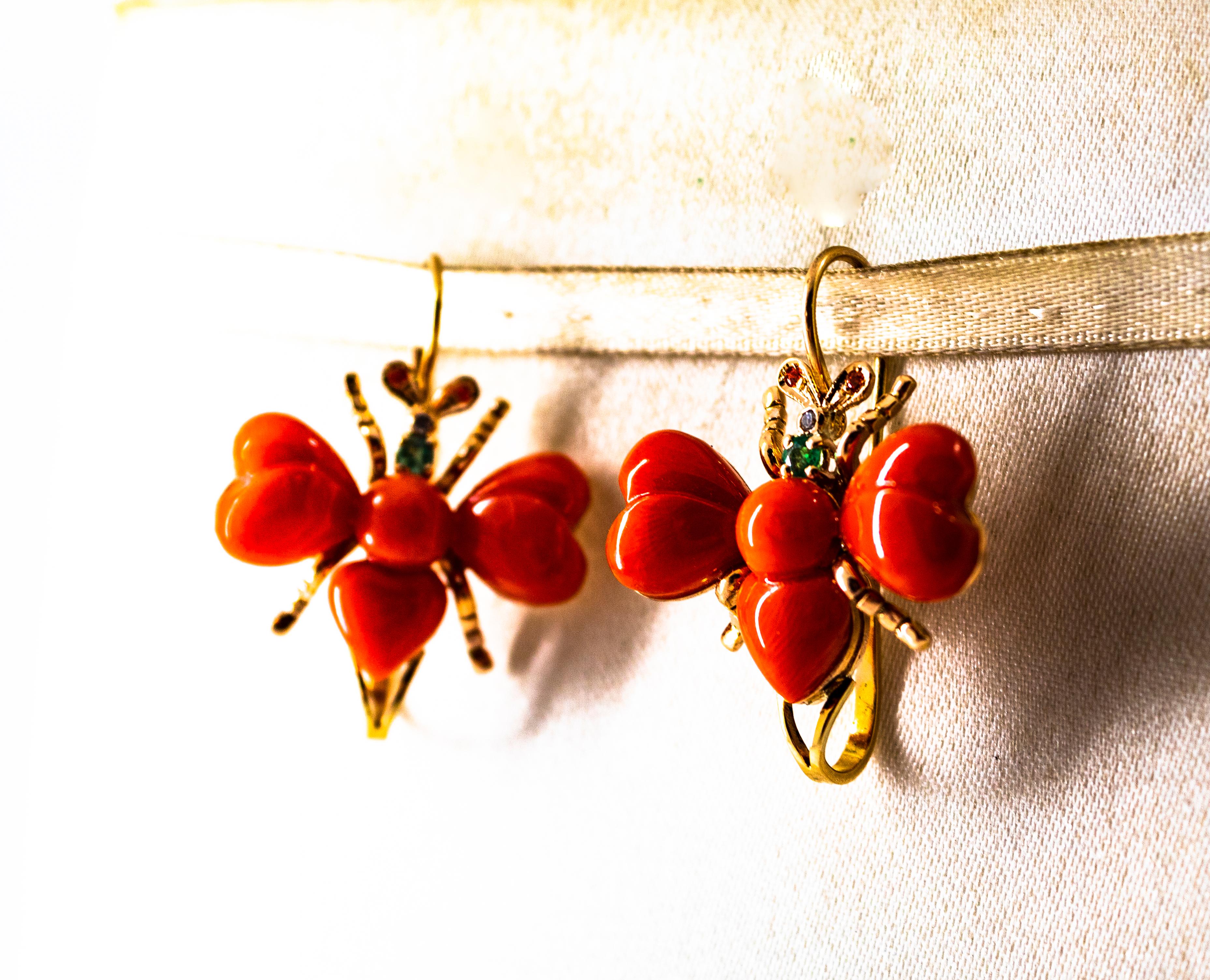 Art Nouveau Pendientes de oro amarillo con diamante blanco esmeralda rubí coral rojo en Nuevo estado para la venta en Naples, IT
