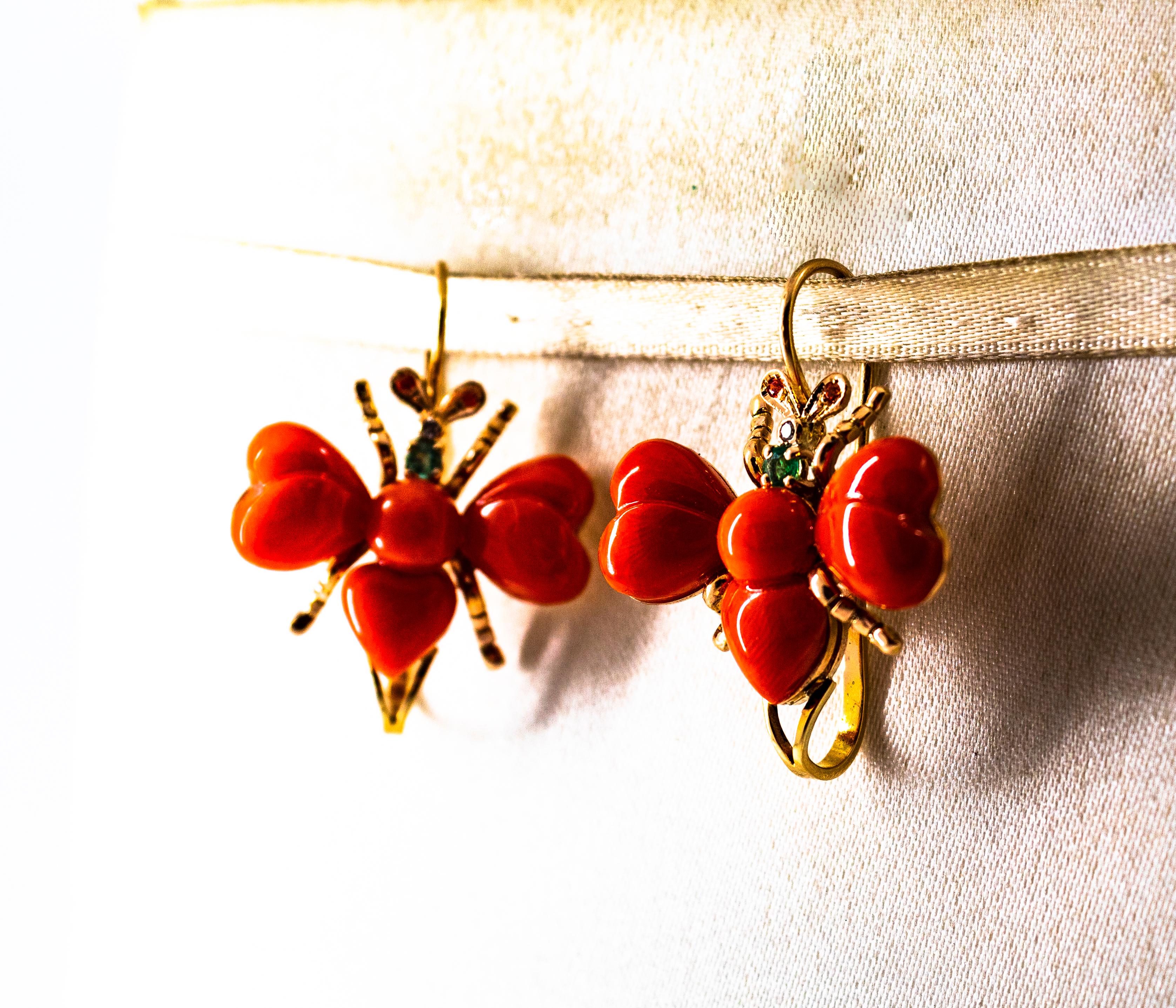 Femenino o masculino Art Nouveau Pendientes de oro amarillo con diamante blanco esmeralda rubí coral rojo en venta