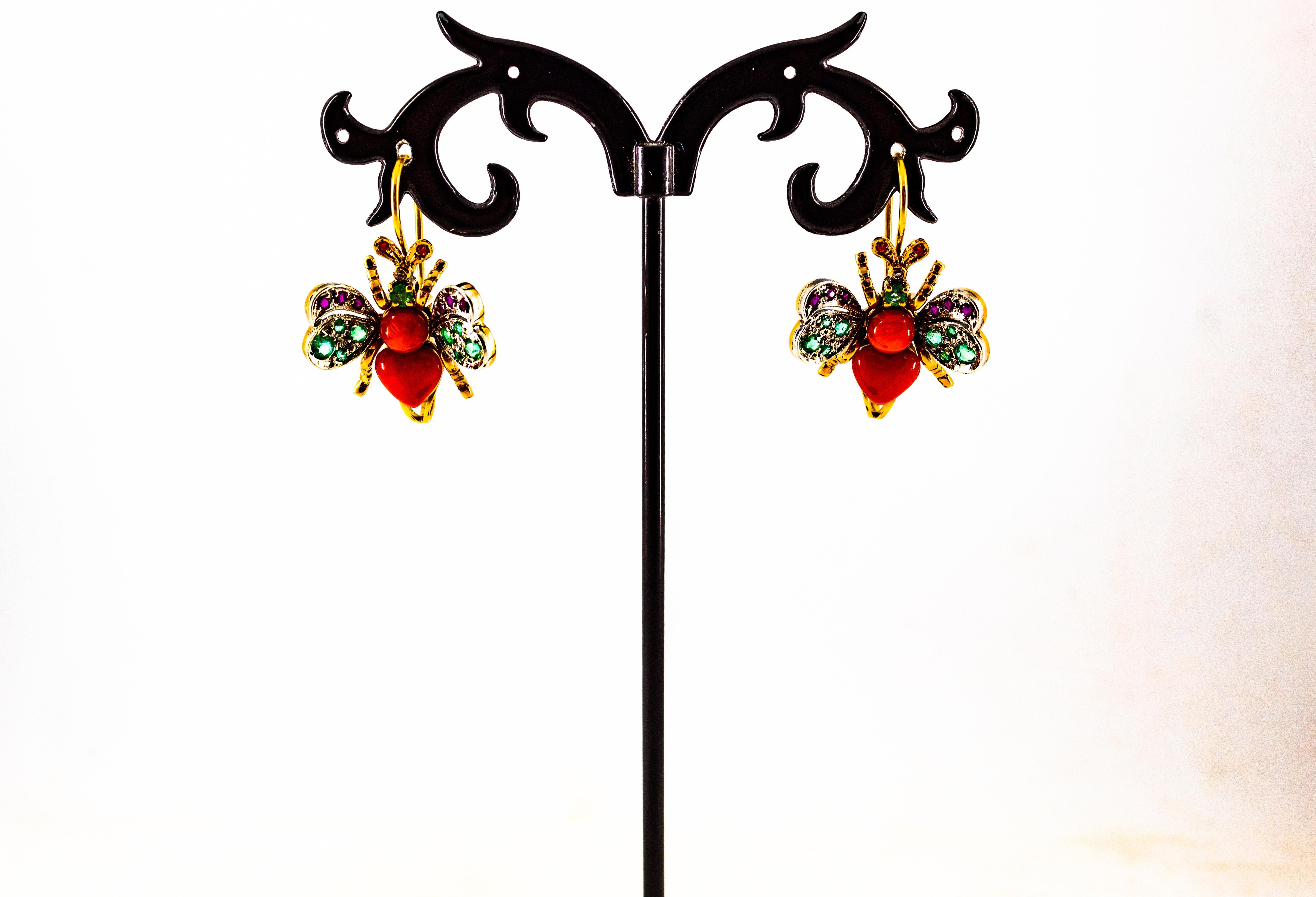 Art Nouveau White Diamond Emerald Ruby Red Coral Yellow Gold Lever-Back Earrings For Sale 1