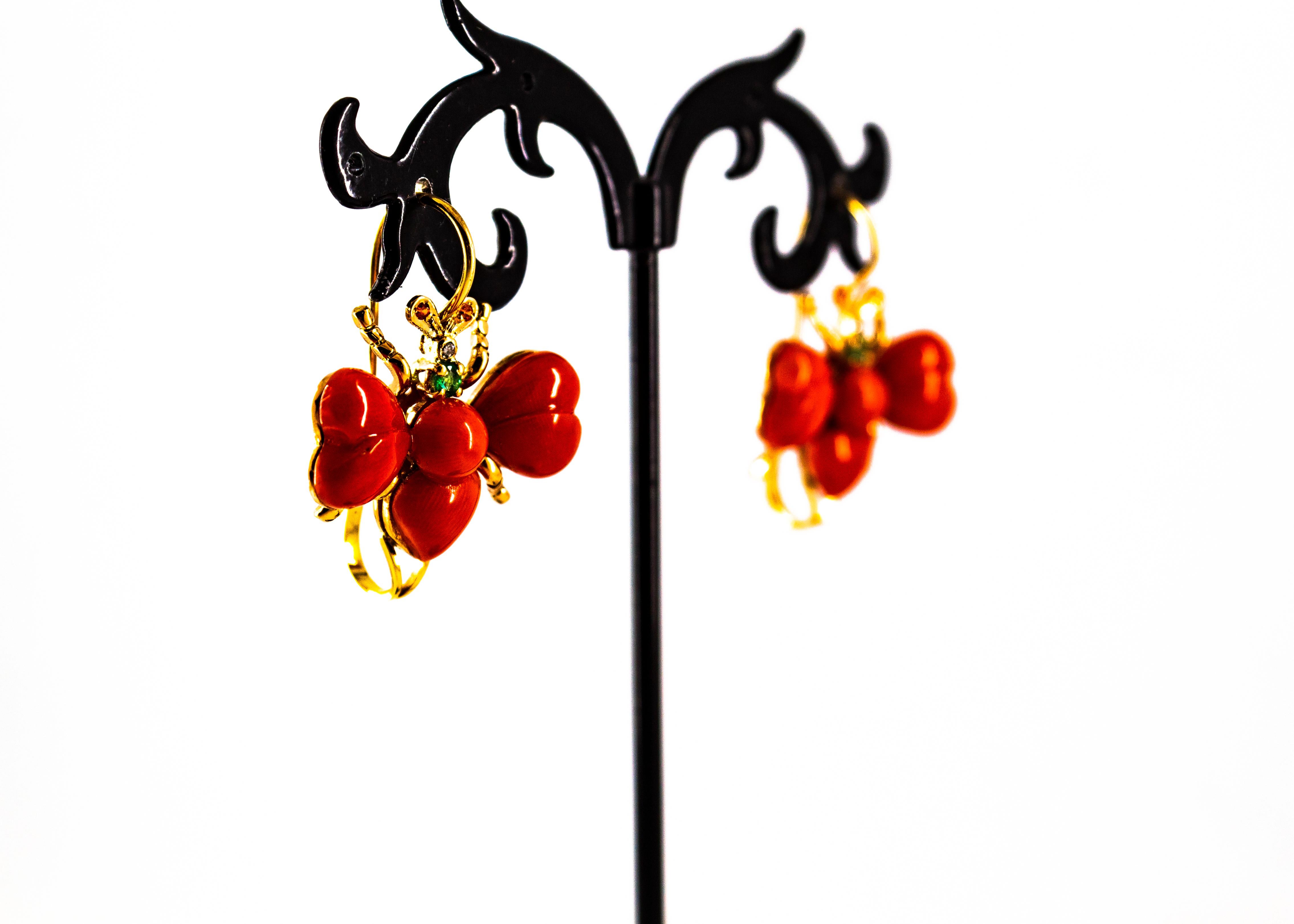 Art Nouveau White Diamond Emerald Ruby Red Coral Yellow Gold Lever-Back Earrings For Sale 2