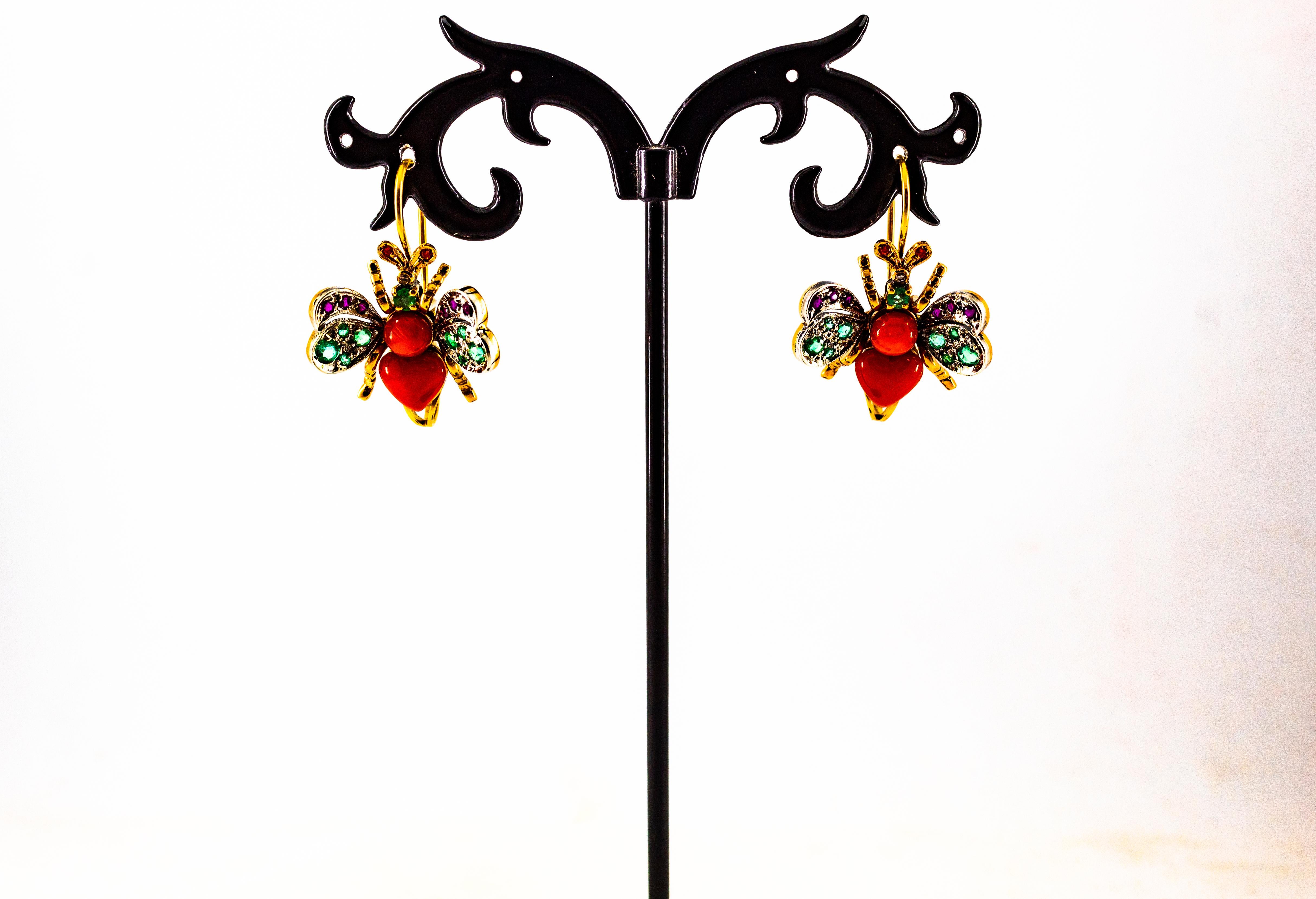 Art Nouveau White Diamond Emerald Ruby Red Coral Yellow Gold Lever-Back Earrings For Sale 2