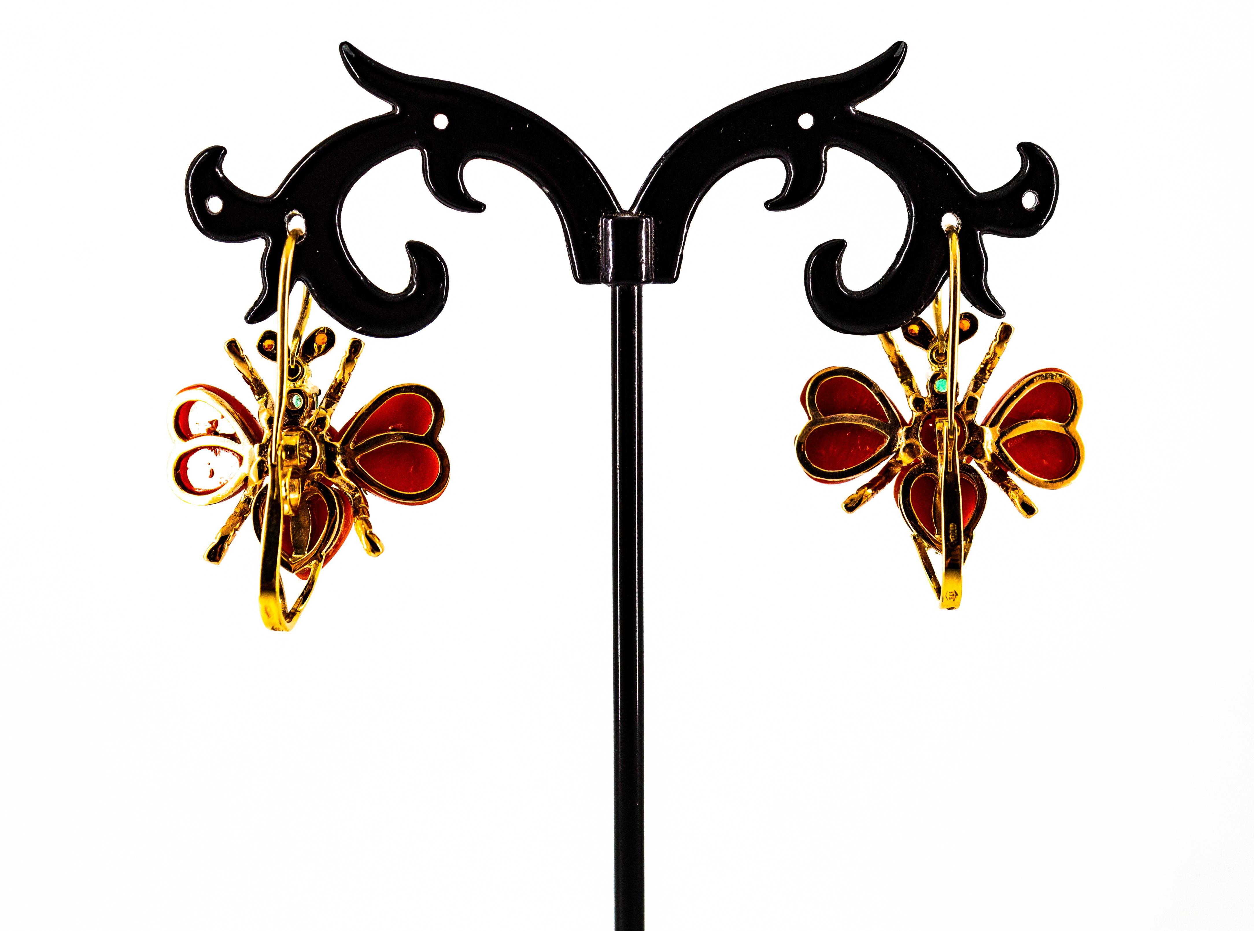 Art Nouveau White Diamond Emerald Ruby Red Coral Yellow Gold Lever-Back Earrings For Sale 3
