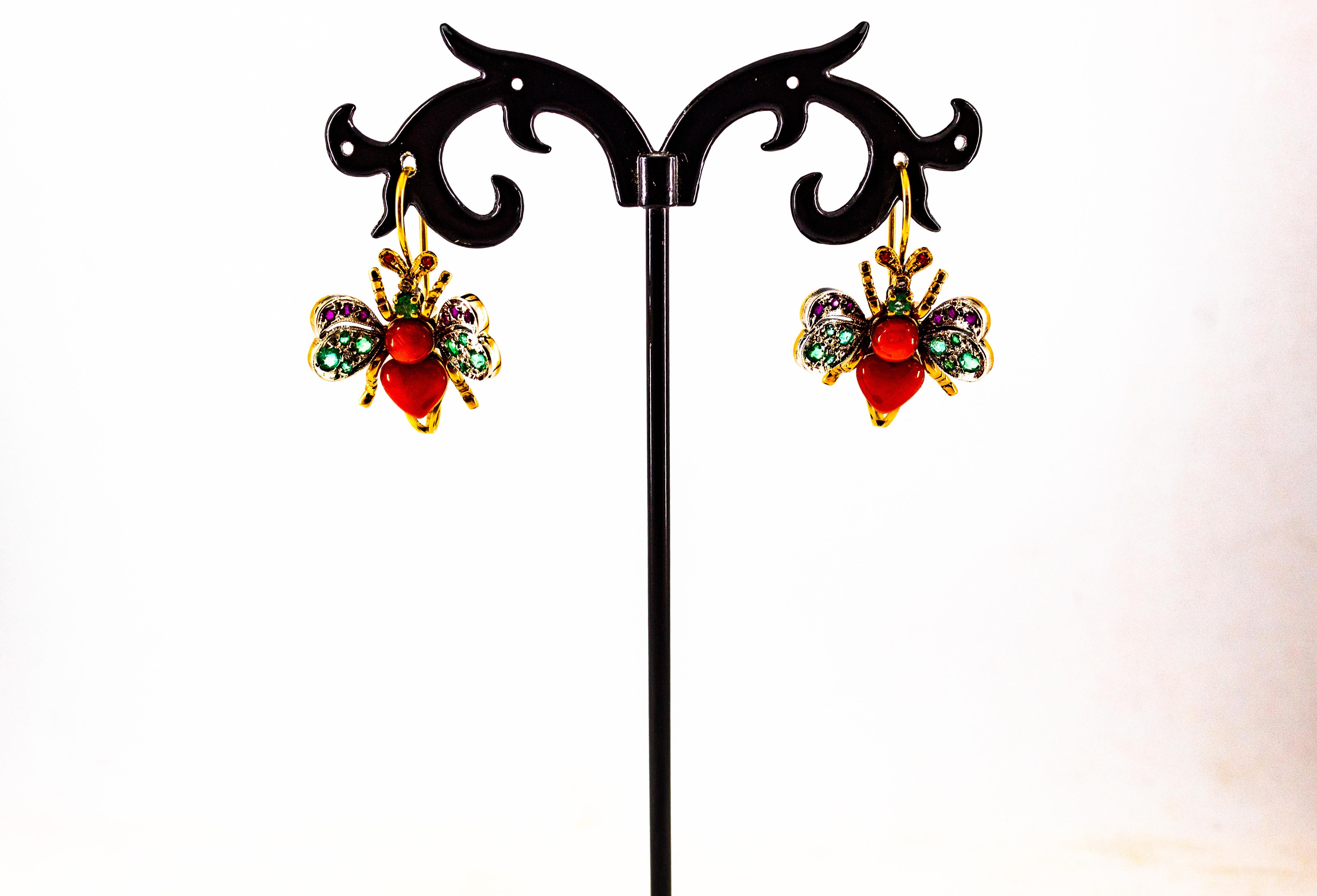 Art Nouveau White Diamond Emerald Ruby Red Coral Yellow Gold Lever-Back Earrings For Sale 3