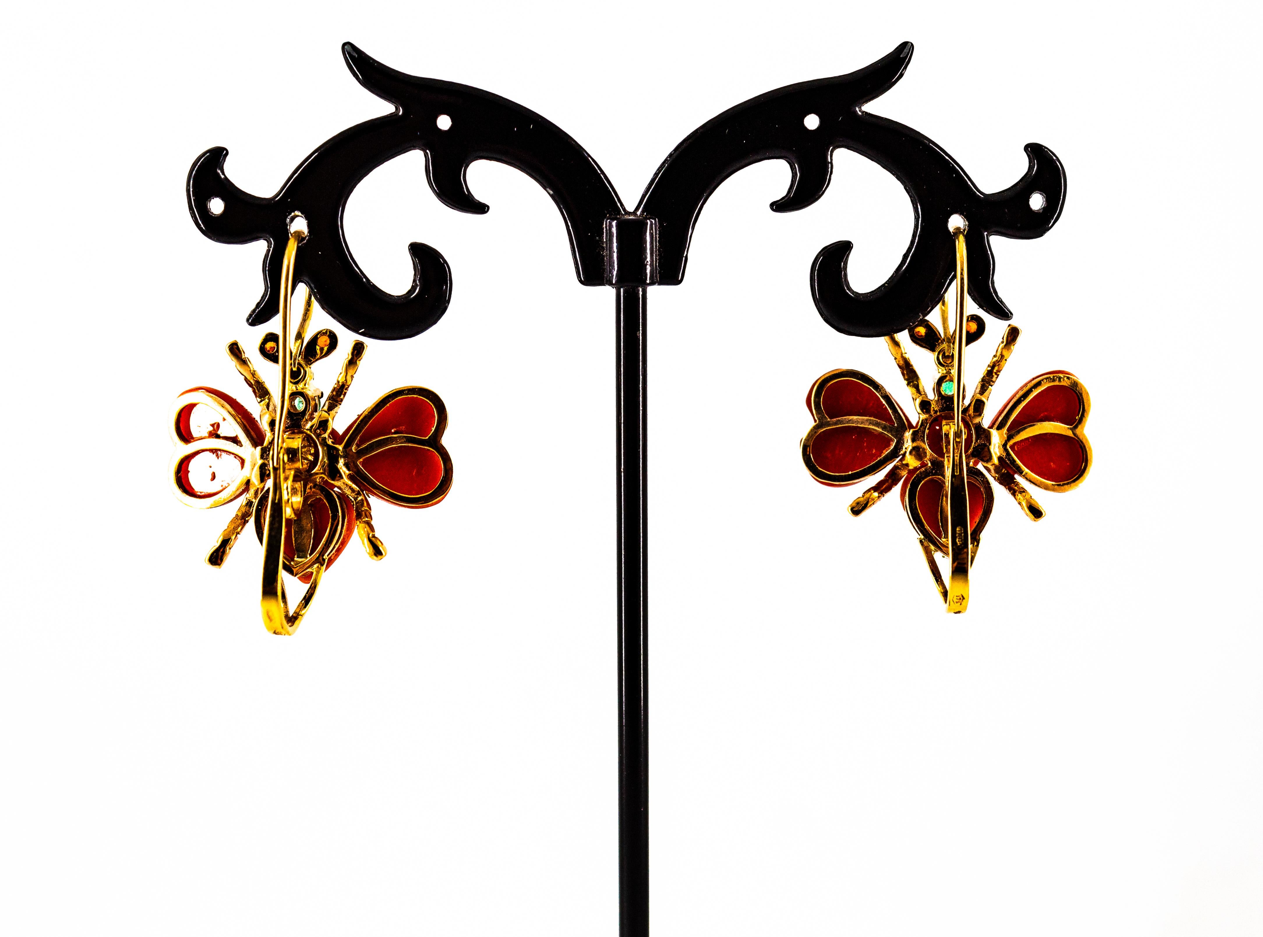 Art Nouveau Pendientes de oro amarillo con diamante blanco esmeralda rubí coral rojo en venta 3
