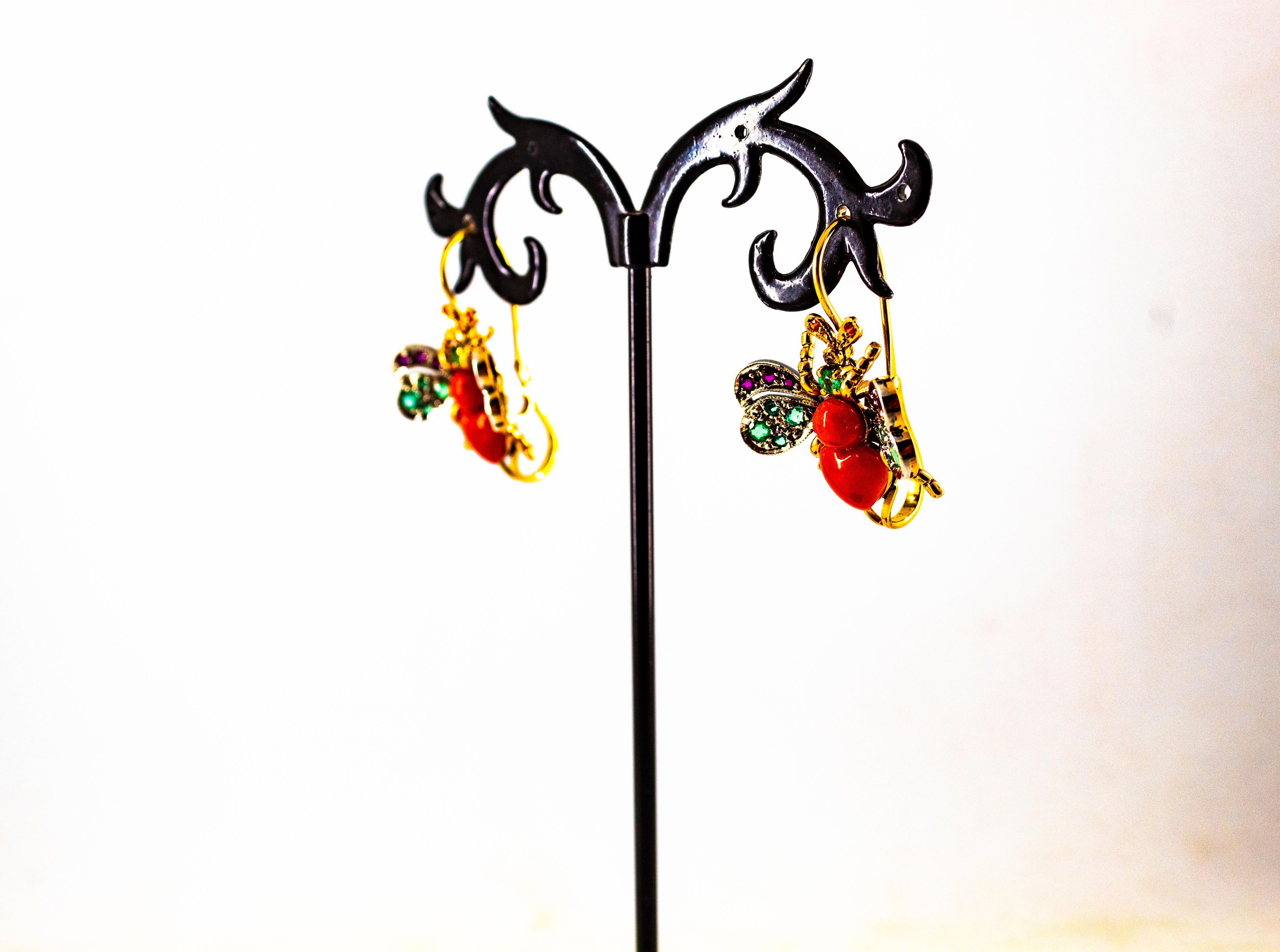 Art Nouveau White Diamond Emerald Ruby Red Coral Yellow Gold Lever-Back Earrings For Sale 4