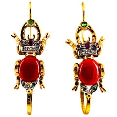 Art Nouveau White Diamond Emerald Ruby Red Coral Yellow Gold Lever-Back Earrings