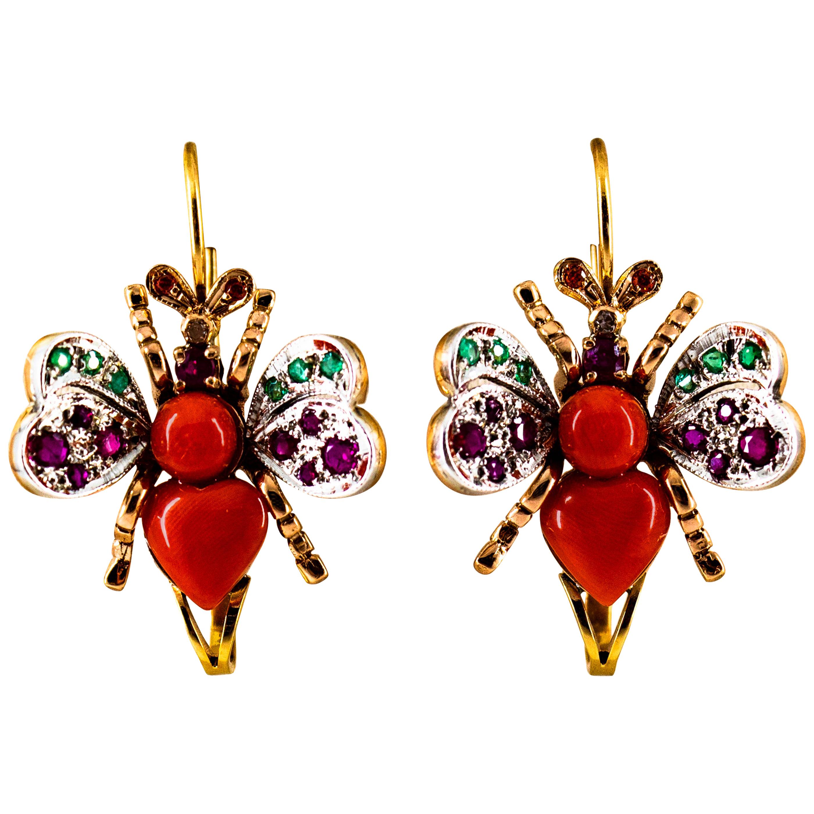 Art Nouveau Pendientes de oro amarillo con diamante blanco esmeralda rubí coral rojo