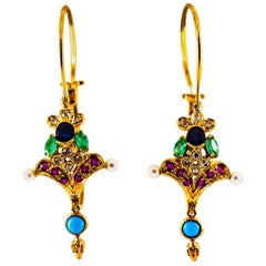Art Nouveau White Diamond Emerald Ruby Sapphire Turquoise Yellow Gold Earrings