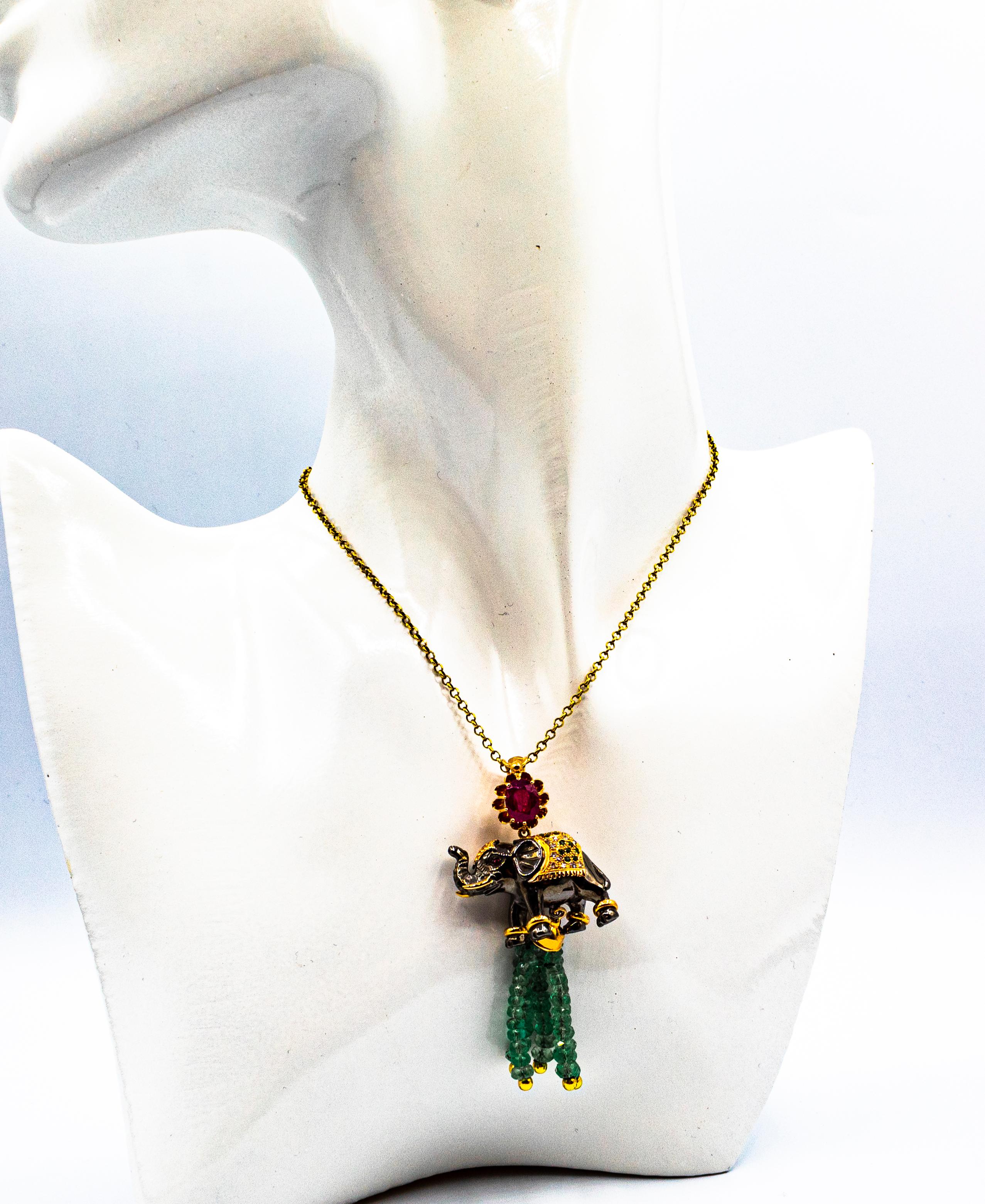 Art Nouveau White Diamond Emerald Ruby Tsavorite Yellow Gold Elephant Pendant For Sale 5