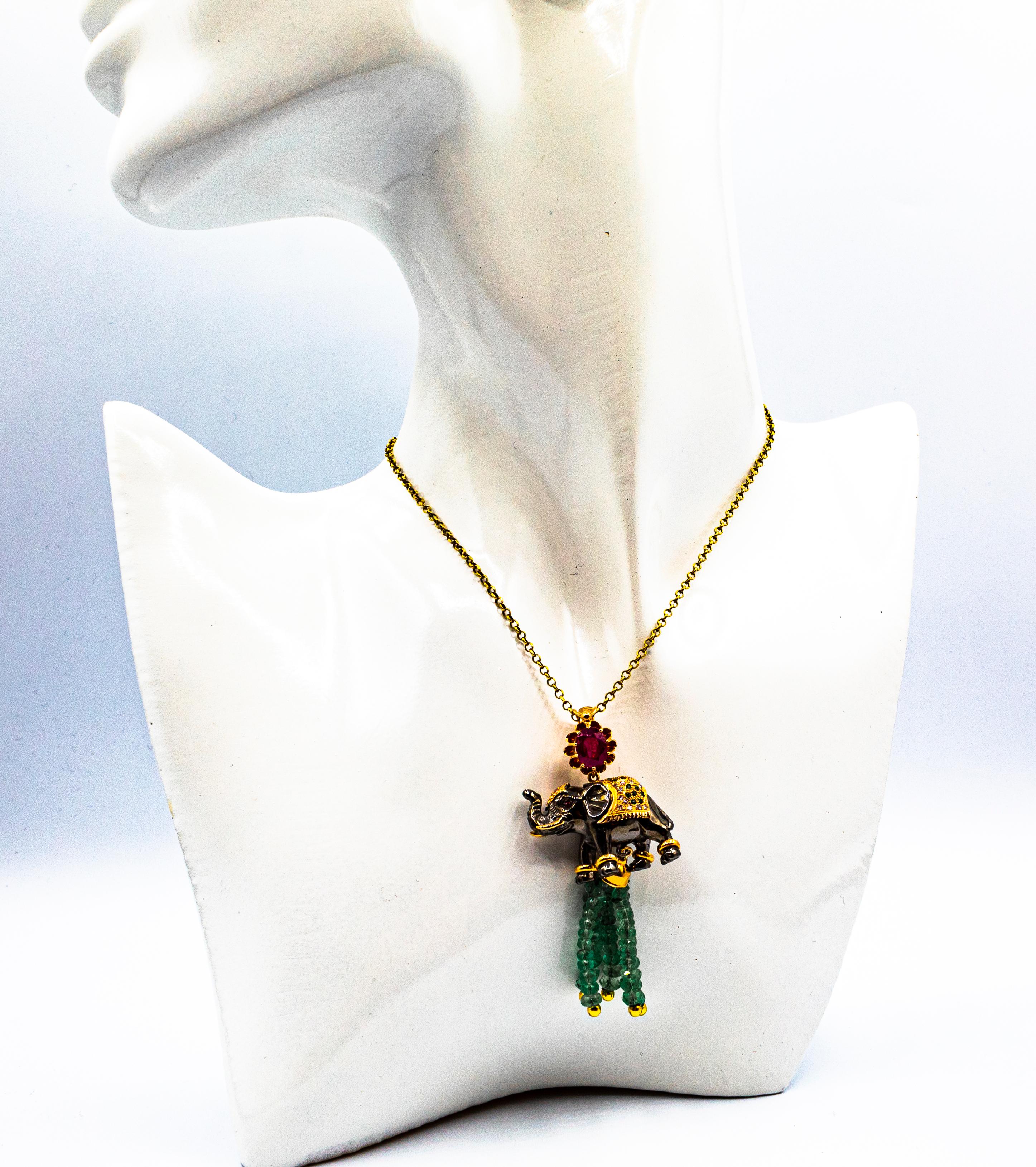 Art Nouveau White Diamond Emerald Ruby Tsavorite Yellow Gold Elephant Pendant For Sale 6