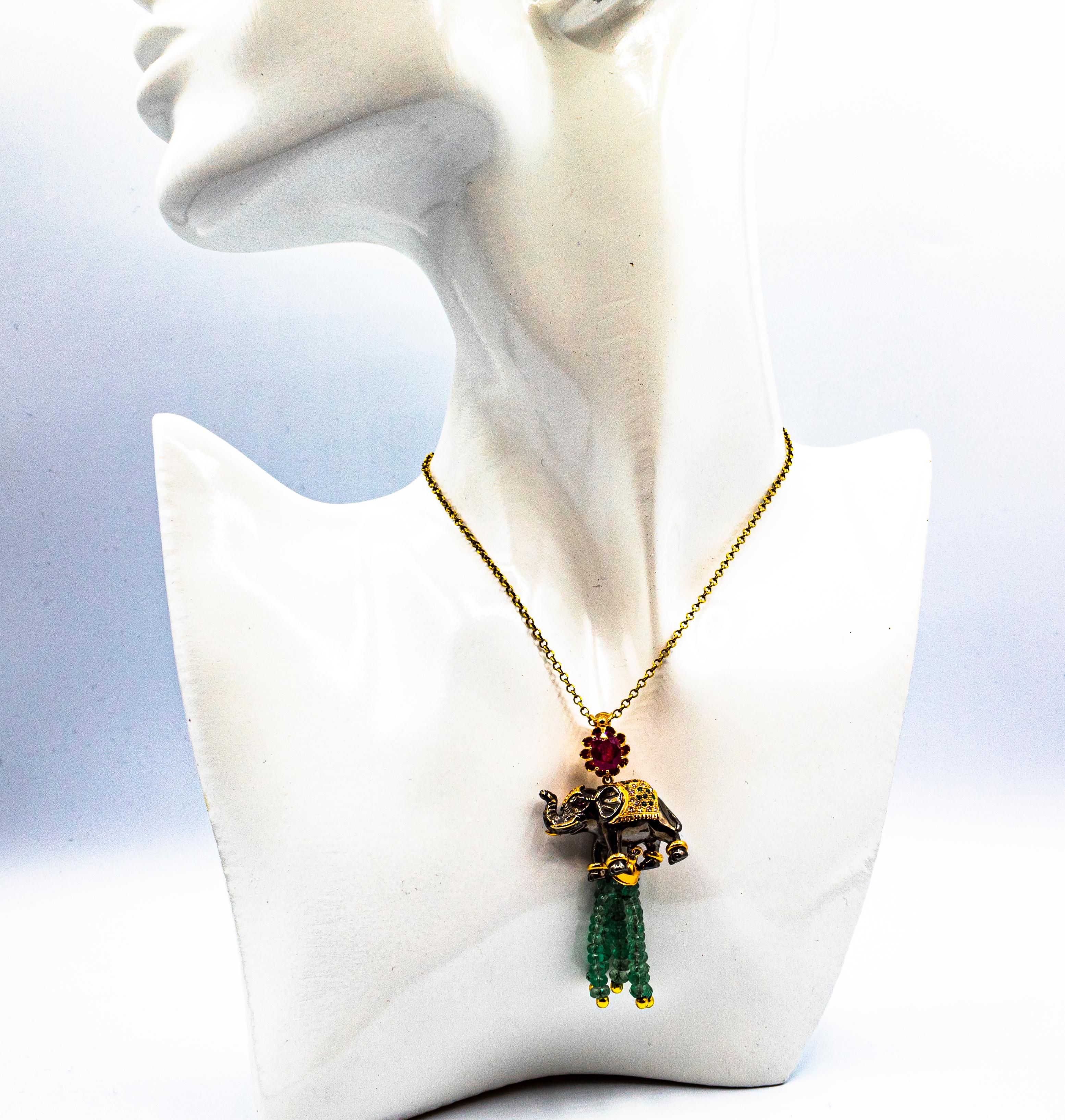 Art Nouveau White Diamond Emerald Ruby Tsavorite Yellow Gold Elephant Pendant For Sale 7