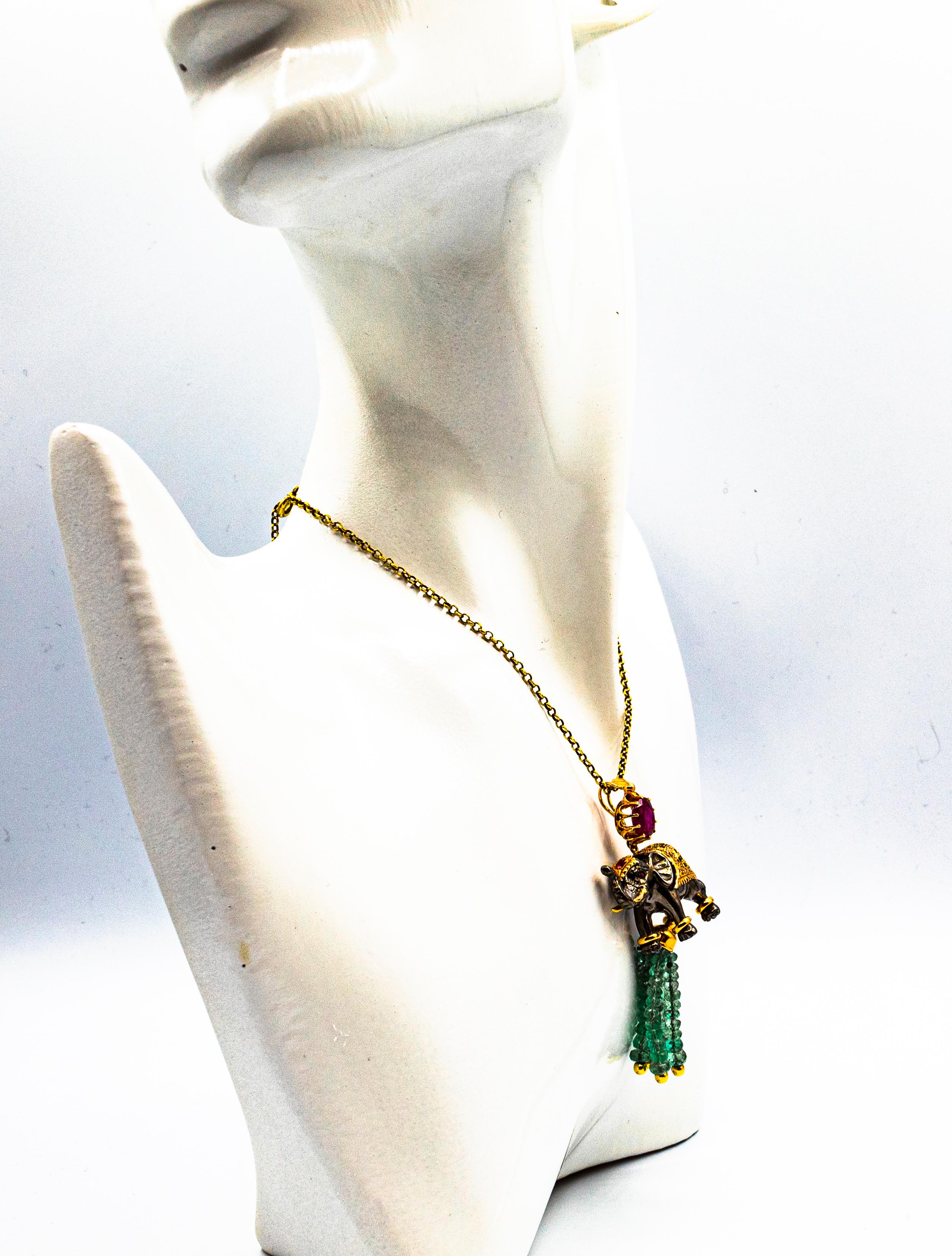Art Nouveau White Diamond Emerald Ruby Tsavorite Yellow Gold Elephant Pendant For Sale 8