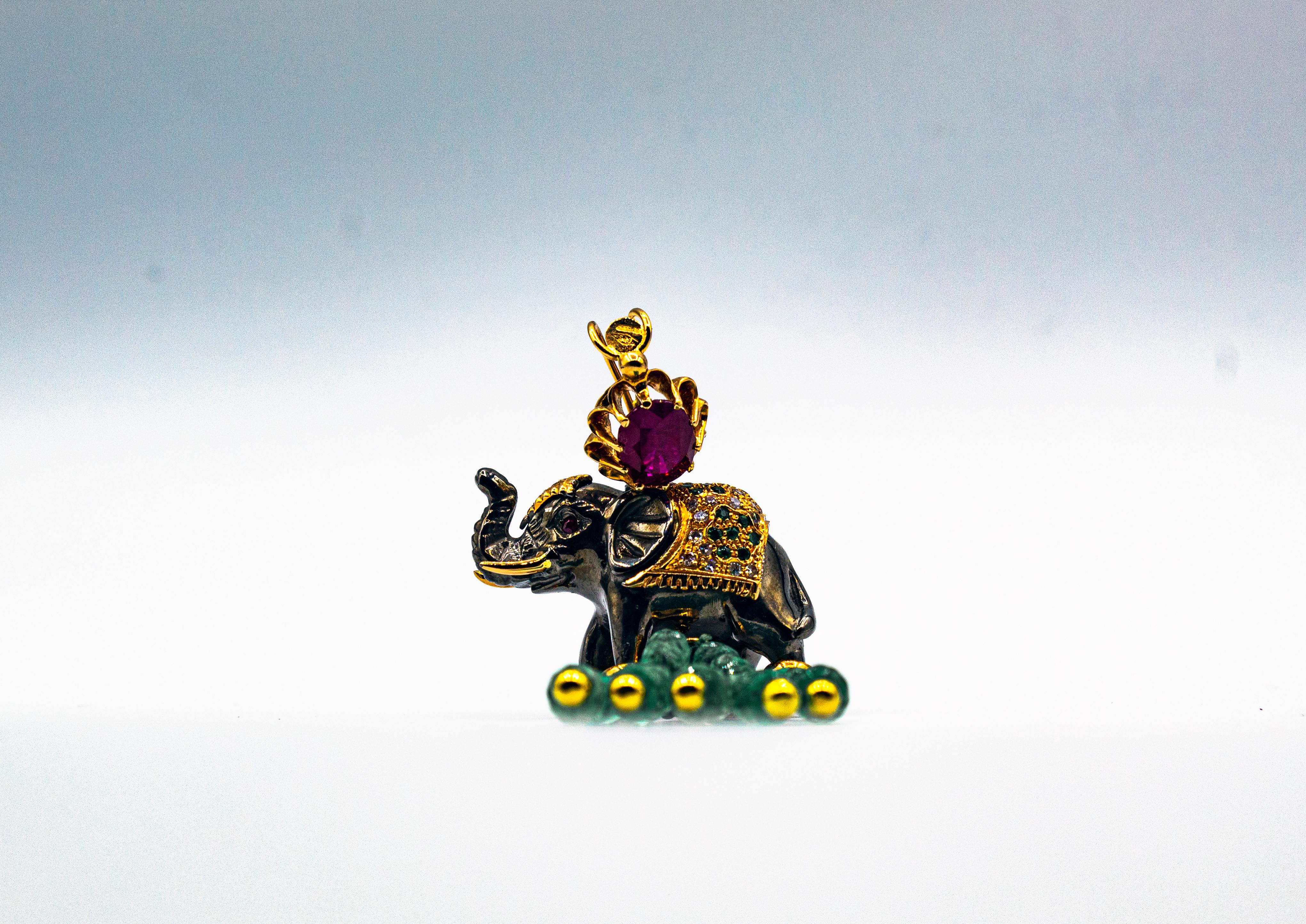 Art Nouveau White Diamond Emerald Ruby Tsavorite Yellow Gold Elephant Pendant 9