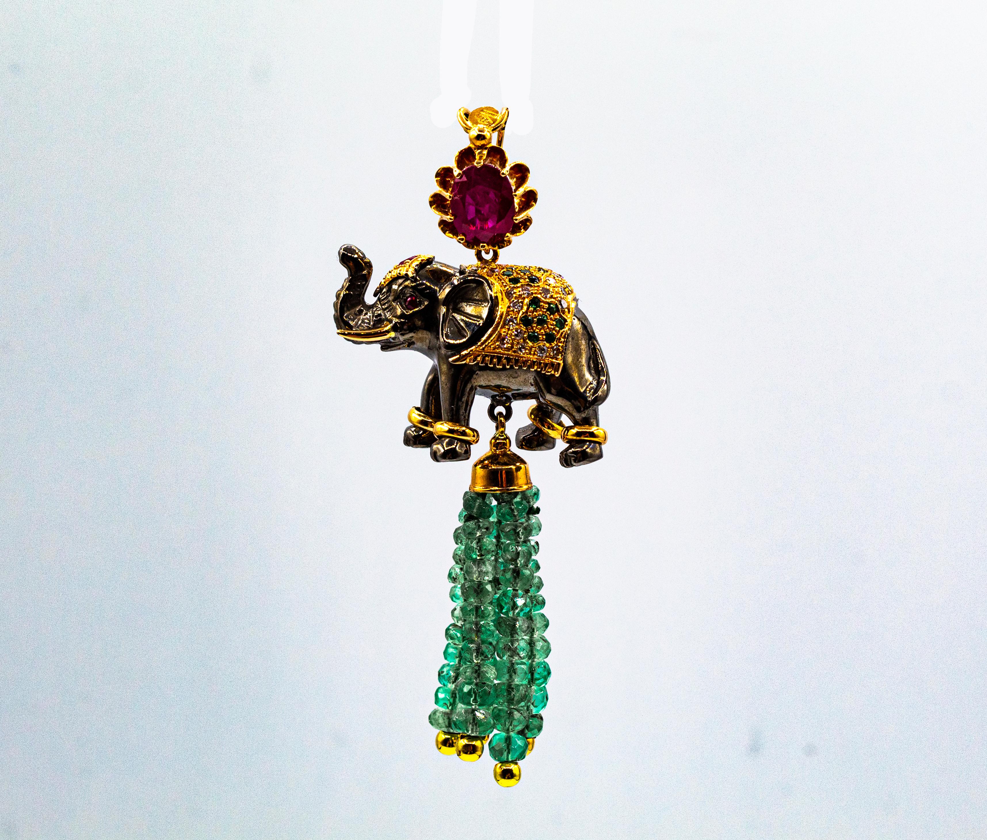 Brilliant Cut Art Nouveau White Diamond Emerald Ruby Tsavorite Yellow Gold Elephant Pendant