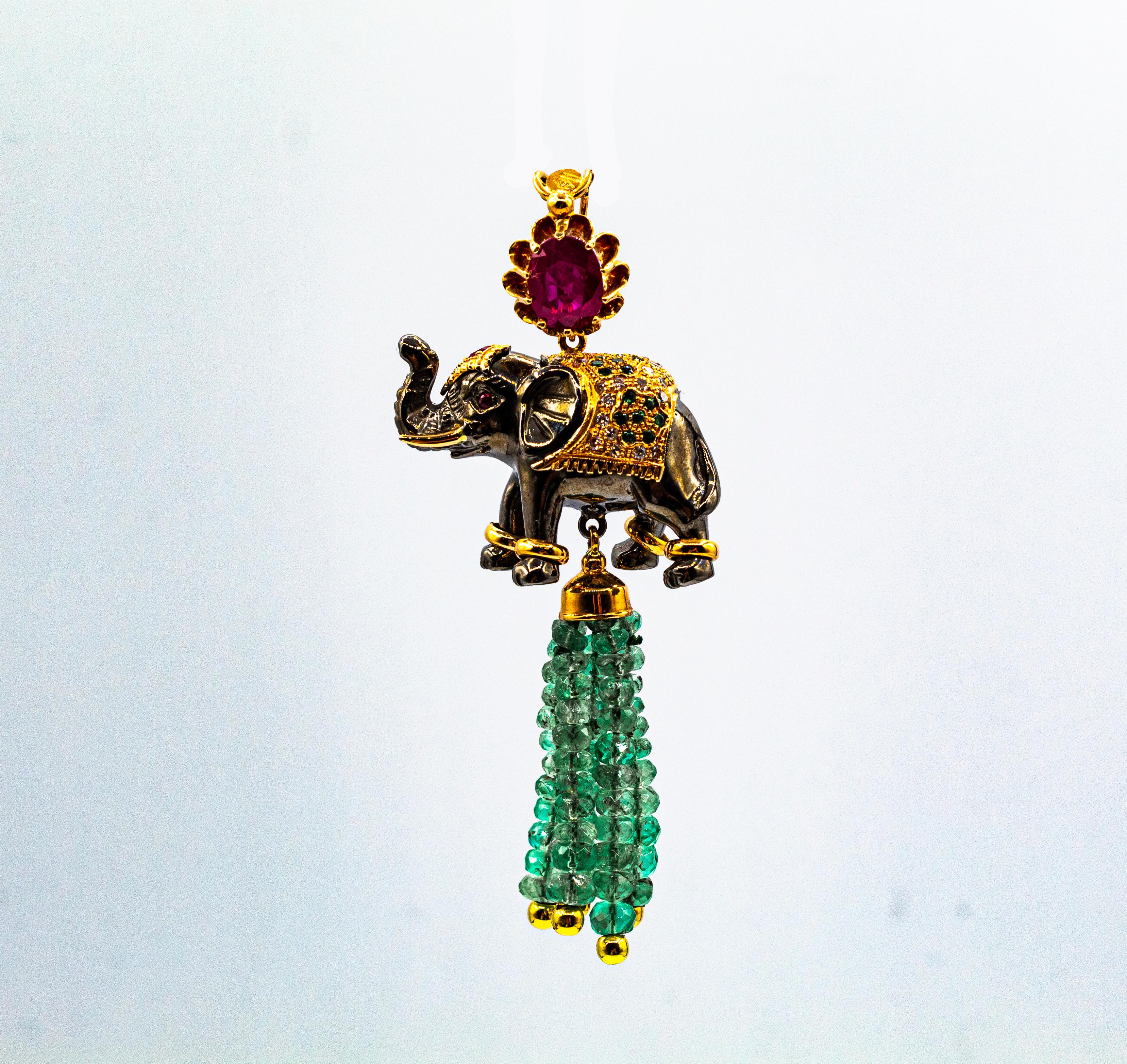 Art Nouveau White Diamond Emerald Ruby Tsavorite Yellow Gold Elephant Pendant In New Condition For Sale In Naples, IT