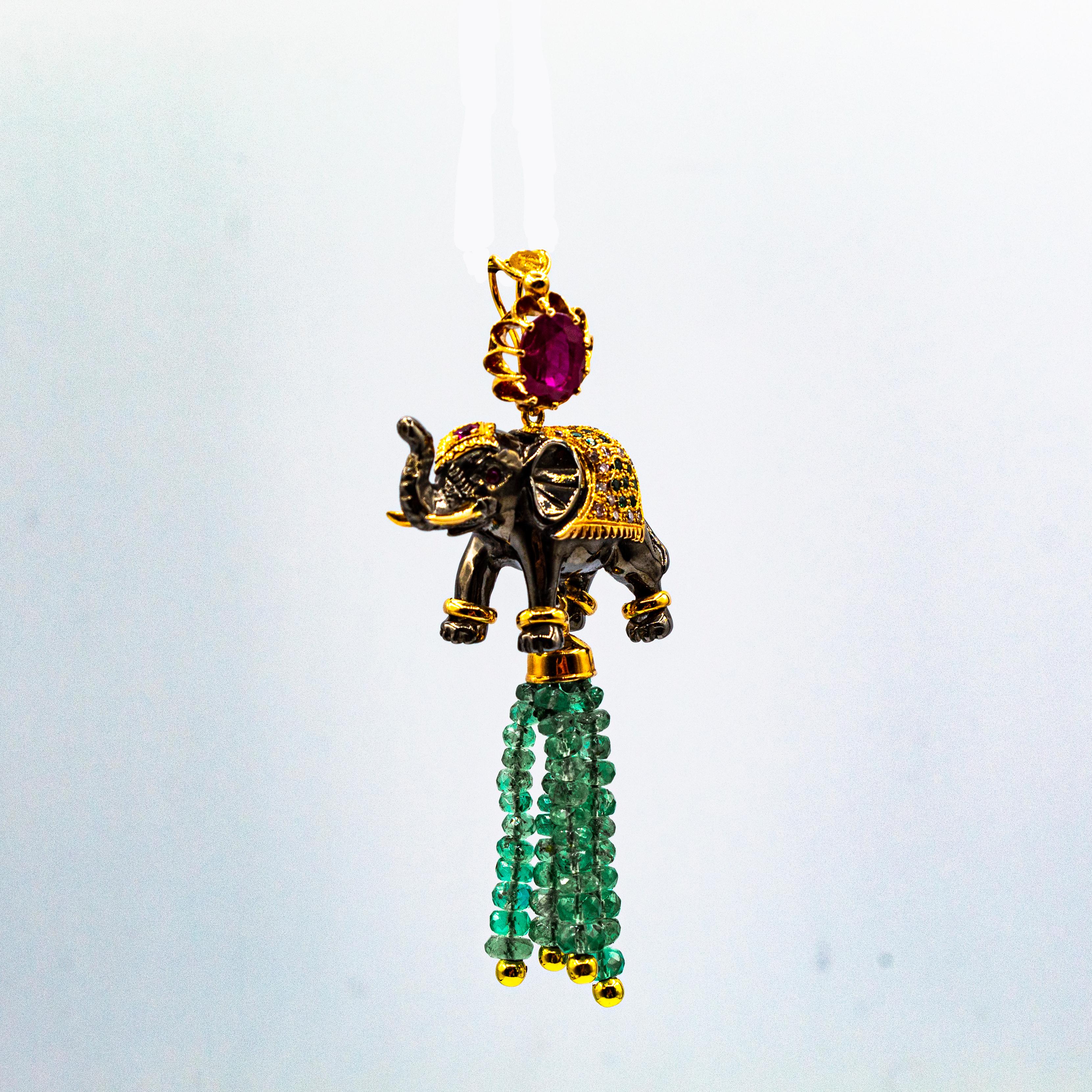 Women's or Men's Art Nouveau White Diamond Emerald Ruby Tsavorite Yellow Gold Elephant Pendant