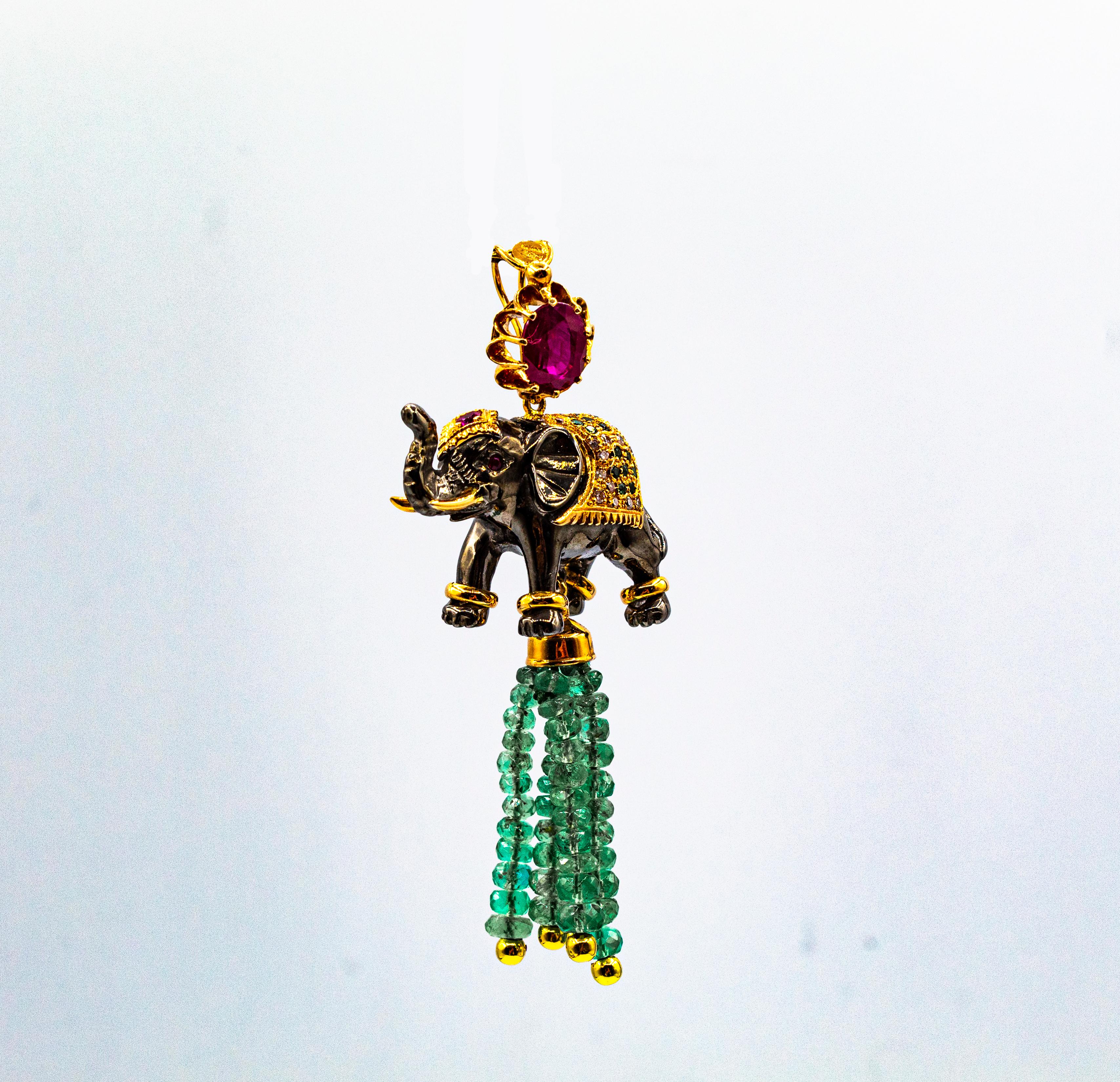 Art Nouveau White Diamond Emerald Ruby Tsavorite Yellow Gold Elephant Pendant 1