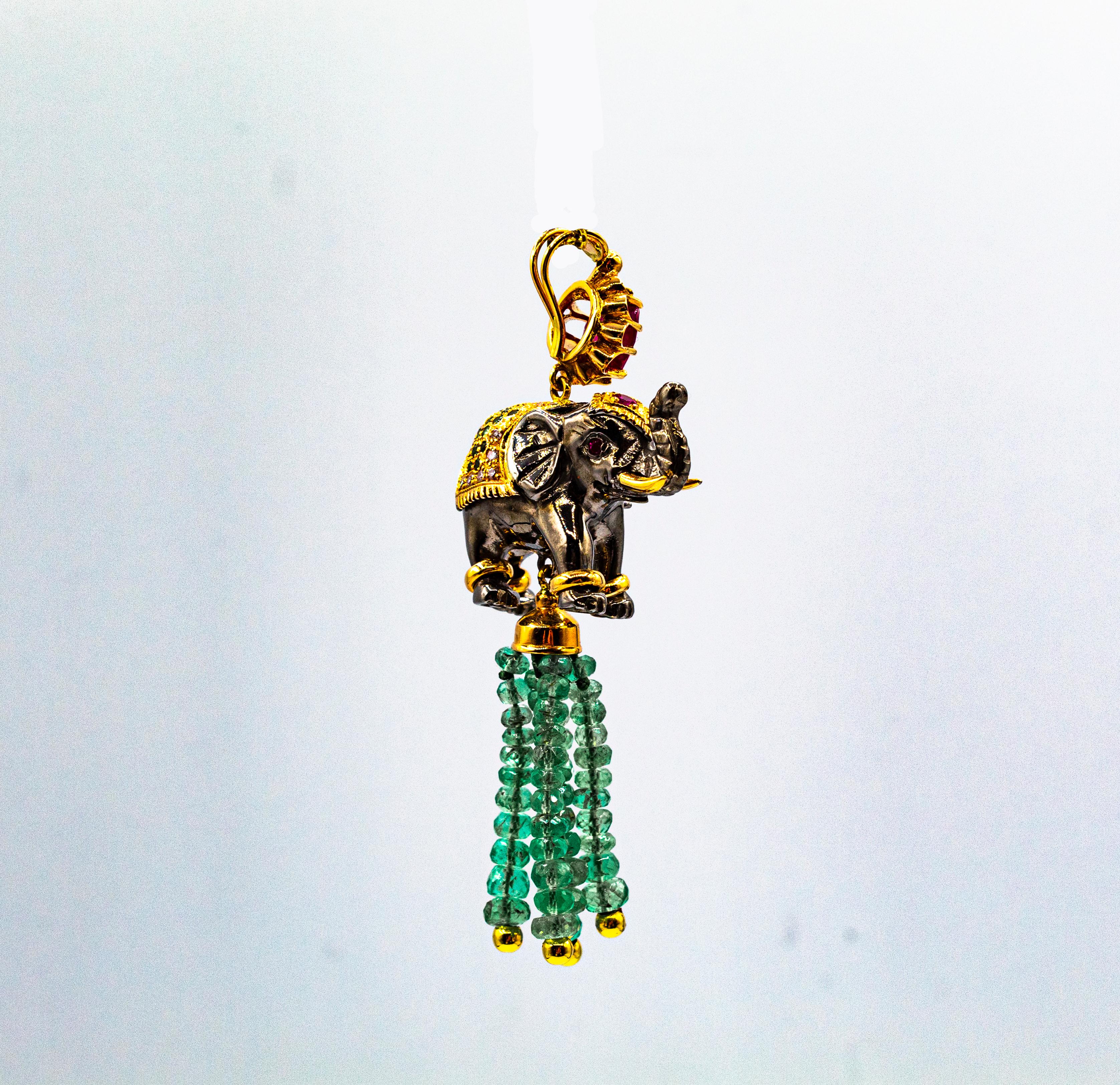 Art Nouveau White Diamond Emerald Ruby Tsavorite Yellow Gold Elephant Pendant For Sale 2