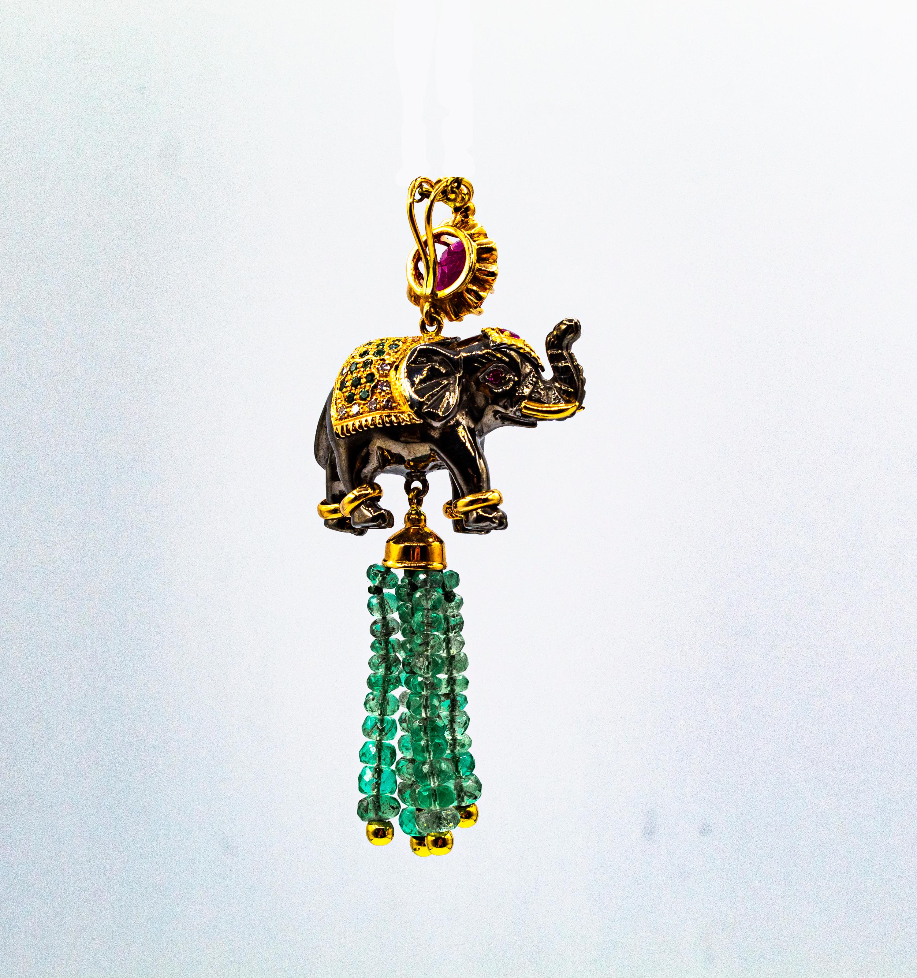 Art Nouveau White Diamond Emerald Ruby Tsavorite Yellow Gold Elephant Pendant 3