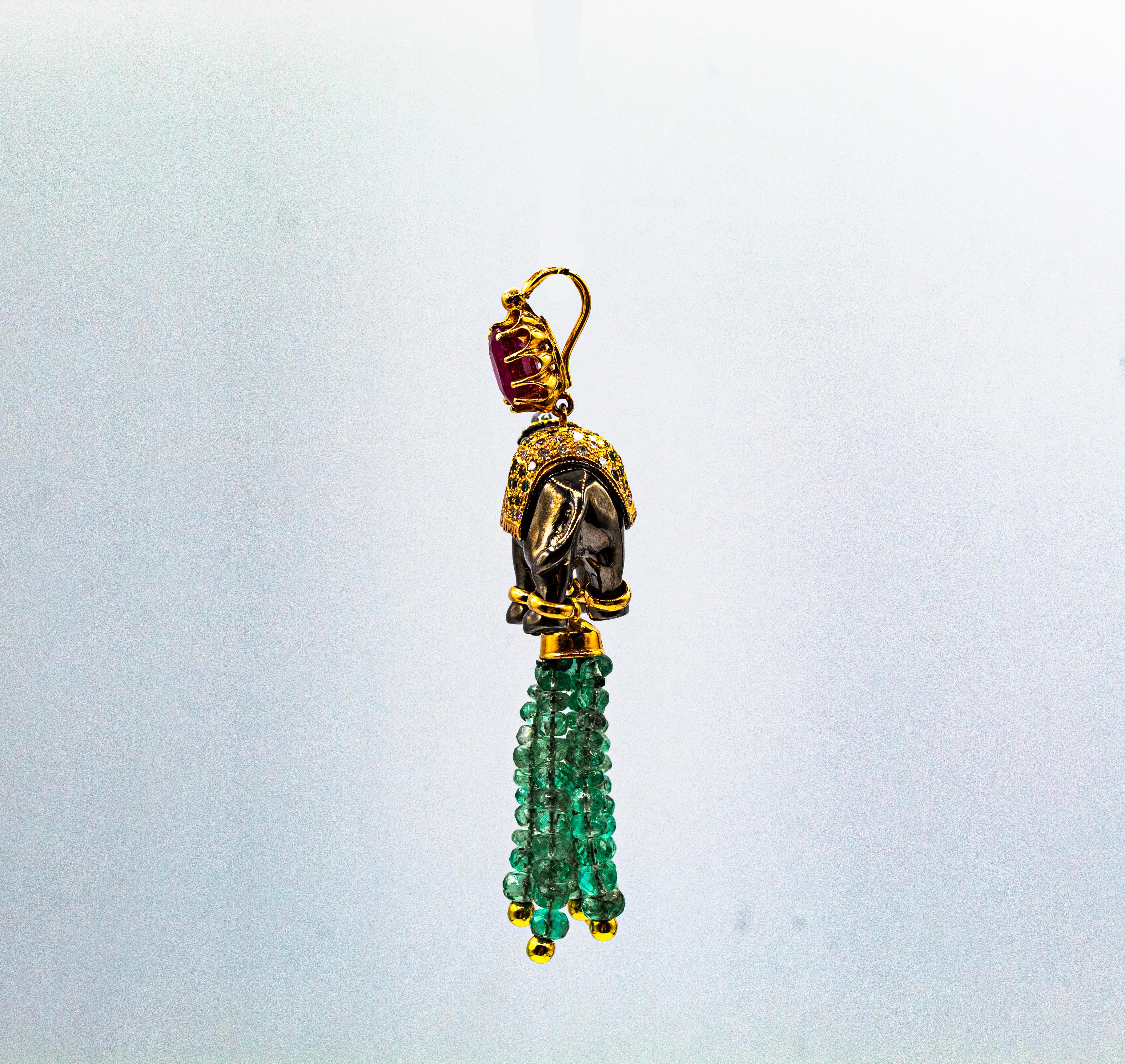 Art Nouveau White Diamond Emerald Ruby Tsavorite Yellow Gold Elephant Pendant For Sale 4