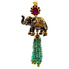 Art Nouveau White Diamond Emerald Ruby Tsavorite Yellow Gold Elephant Pendant