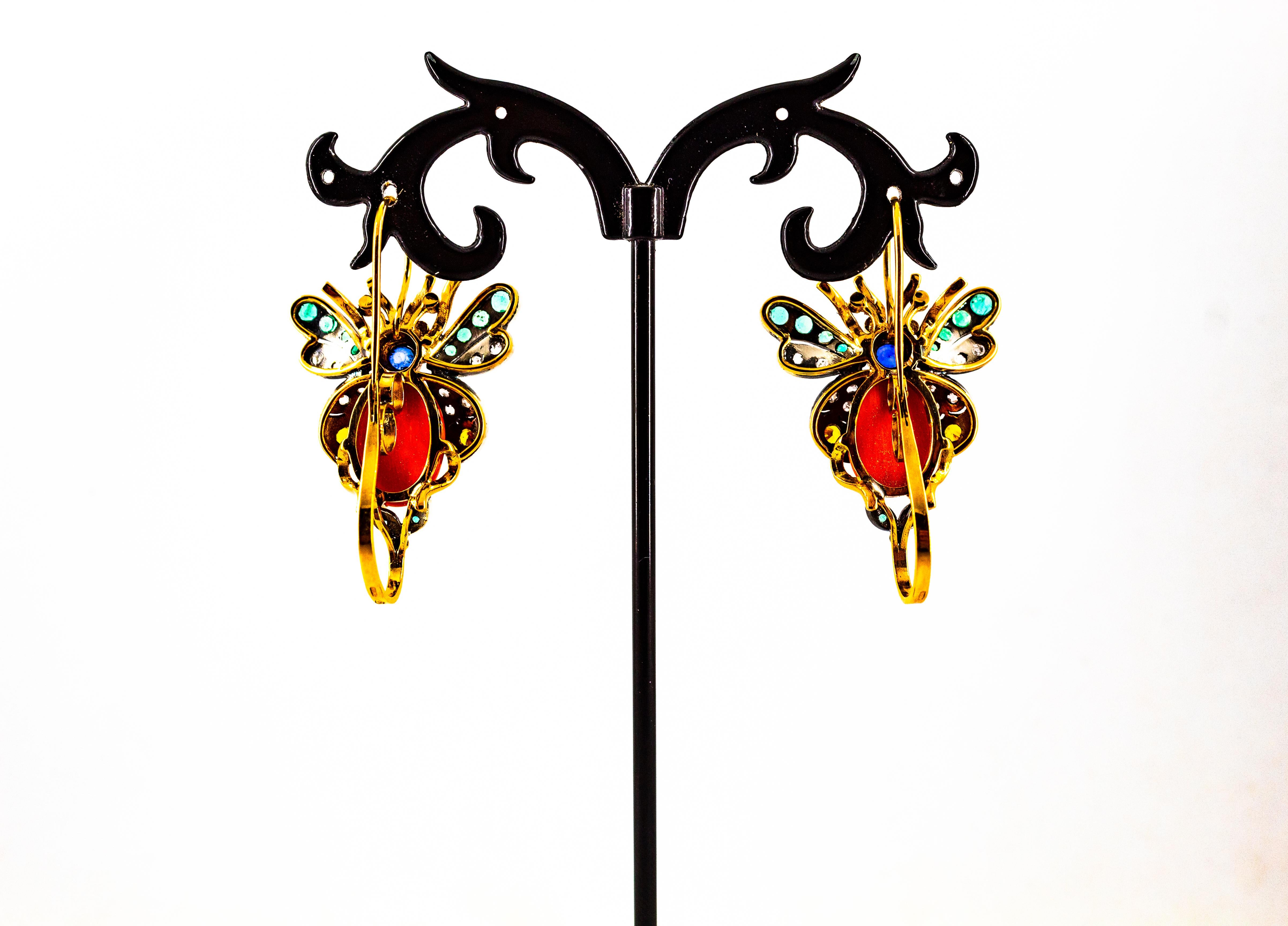 Art Nouveau White Diamond Emerald Sapphire Coral Yellow Gold Lever-Back Earrings For Sale 5