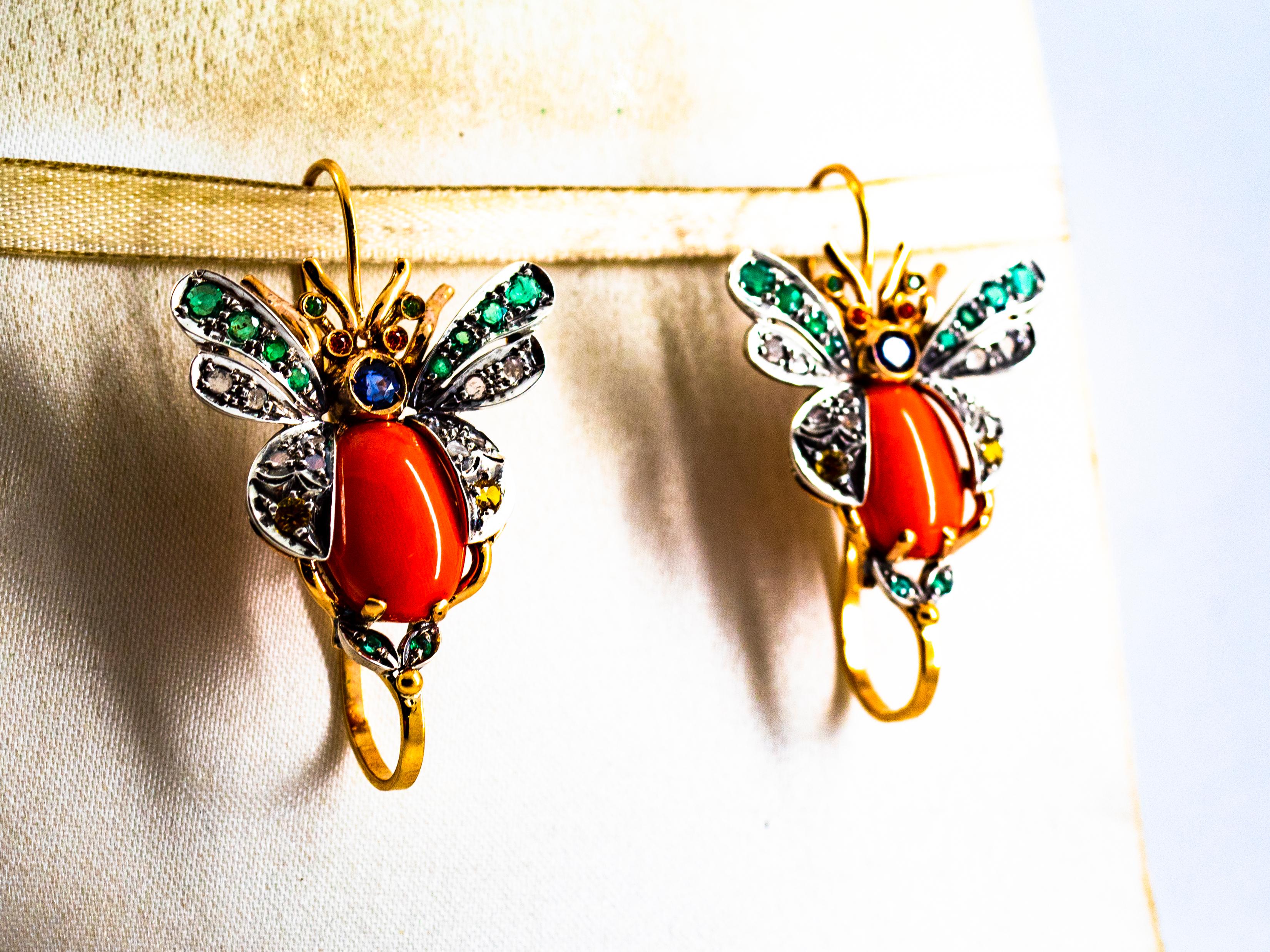 Rose Cut Art Nouveau White Diamond Emerald Sapphire Coral Yellow Gold Lever-Back Earrings For Sale