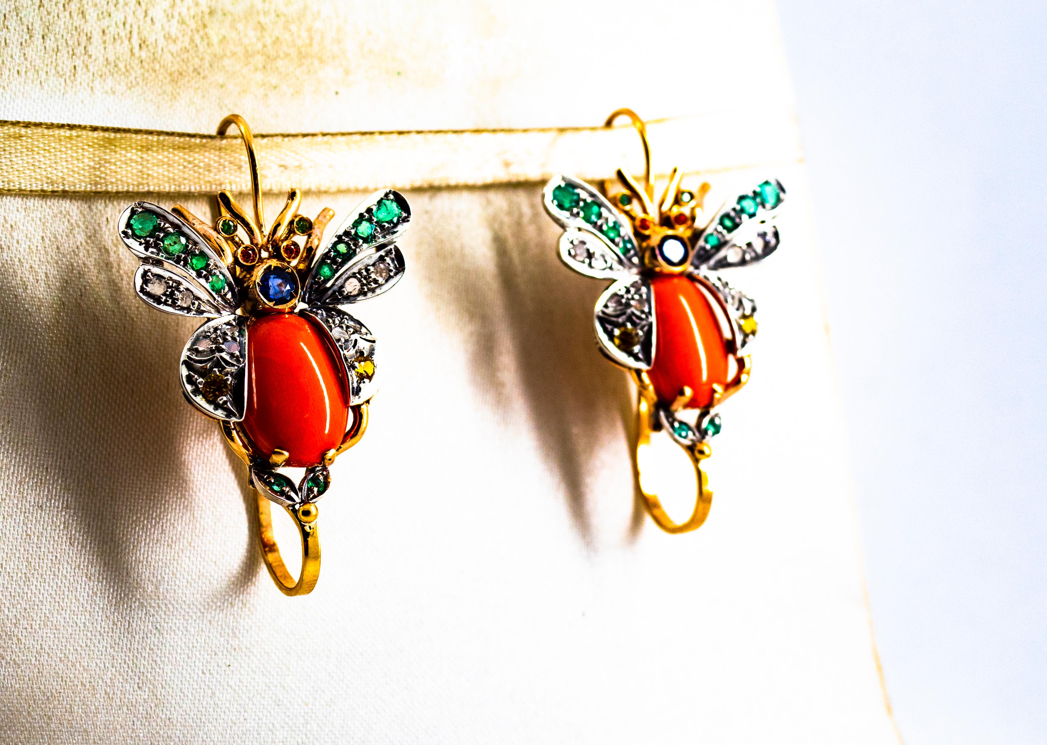 Art Nouveau White Diamond Emerald Sapphire Coral Yellow Gold Lever-Back Earrings In New Condition For Sale In Naples, IT