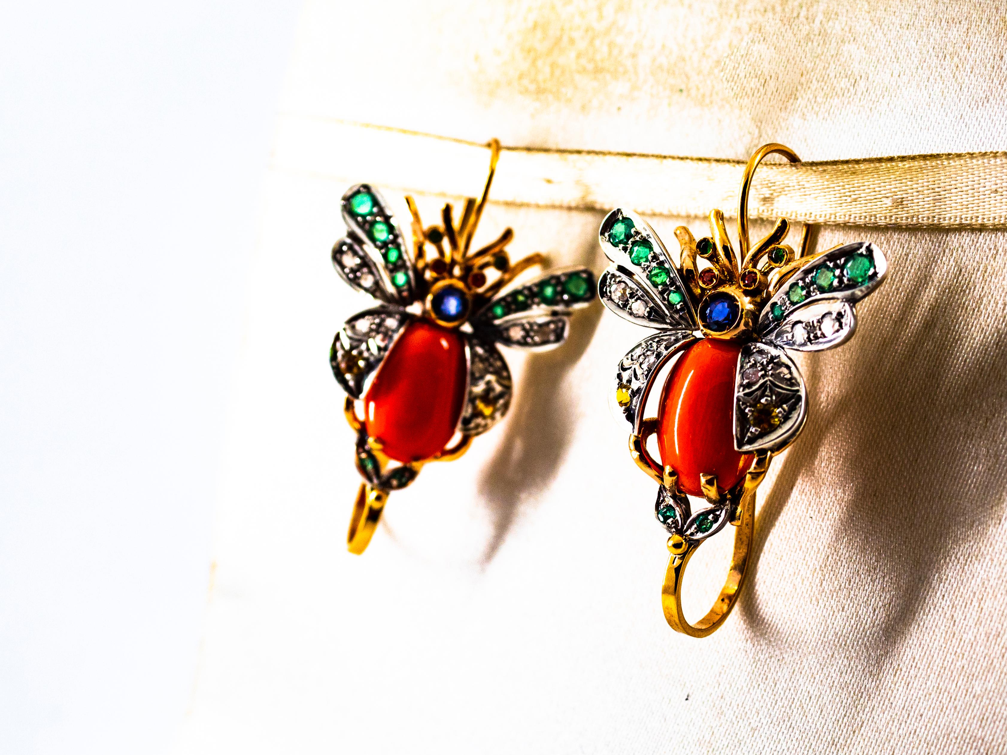 Women's or Men's Art Nouveau White Diamond Emerald Sapphire Coral Yellow Gold Lever-Back Earrings For Sale