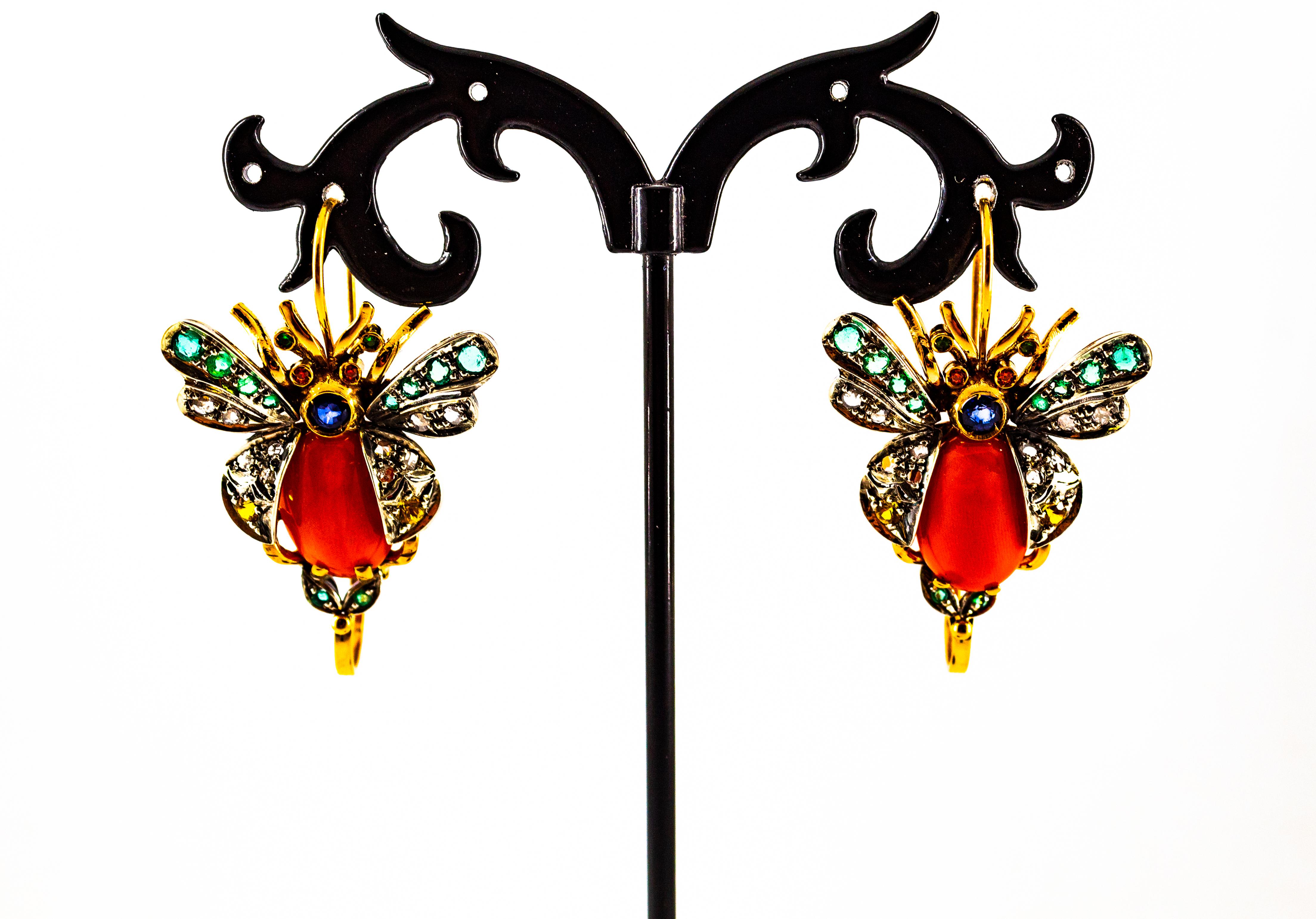 Art Nouveau White Diamond Emerald Sapphire Coral Yellow Gold Lever-Back Earrings For Sale 1