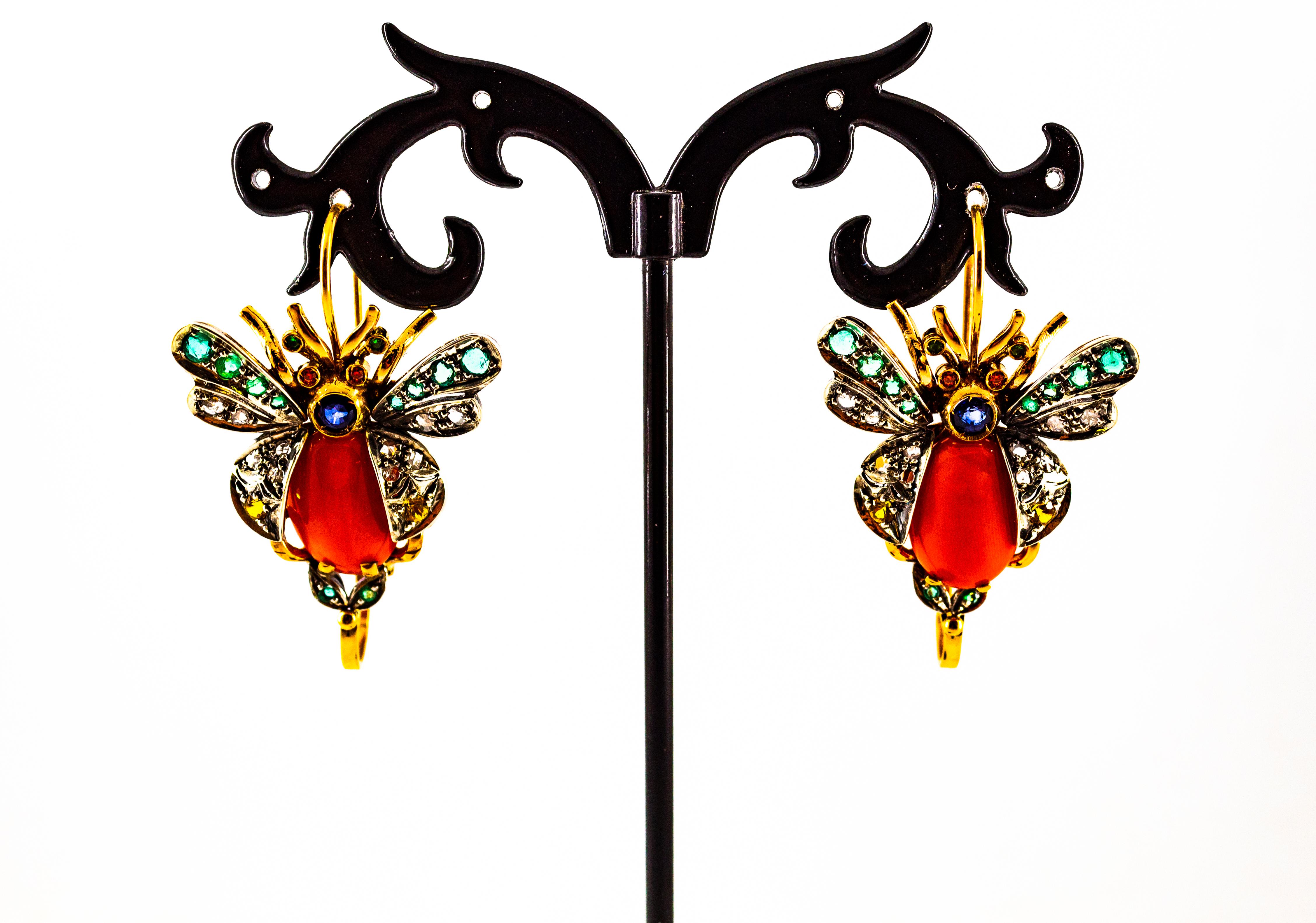 Art Nouveau White Diamond Emerald Sapphire Coral Yellow Gold Lever-Back Earrings For Sale 2