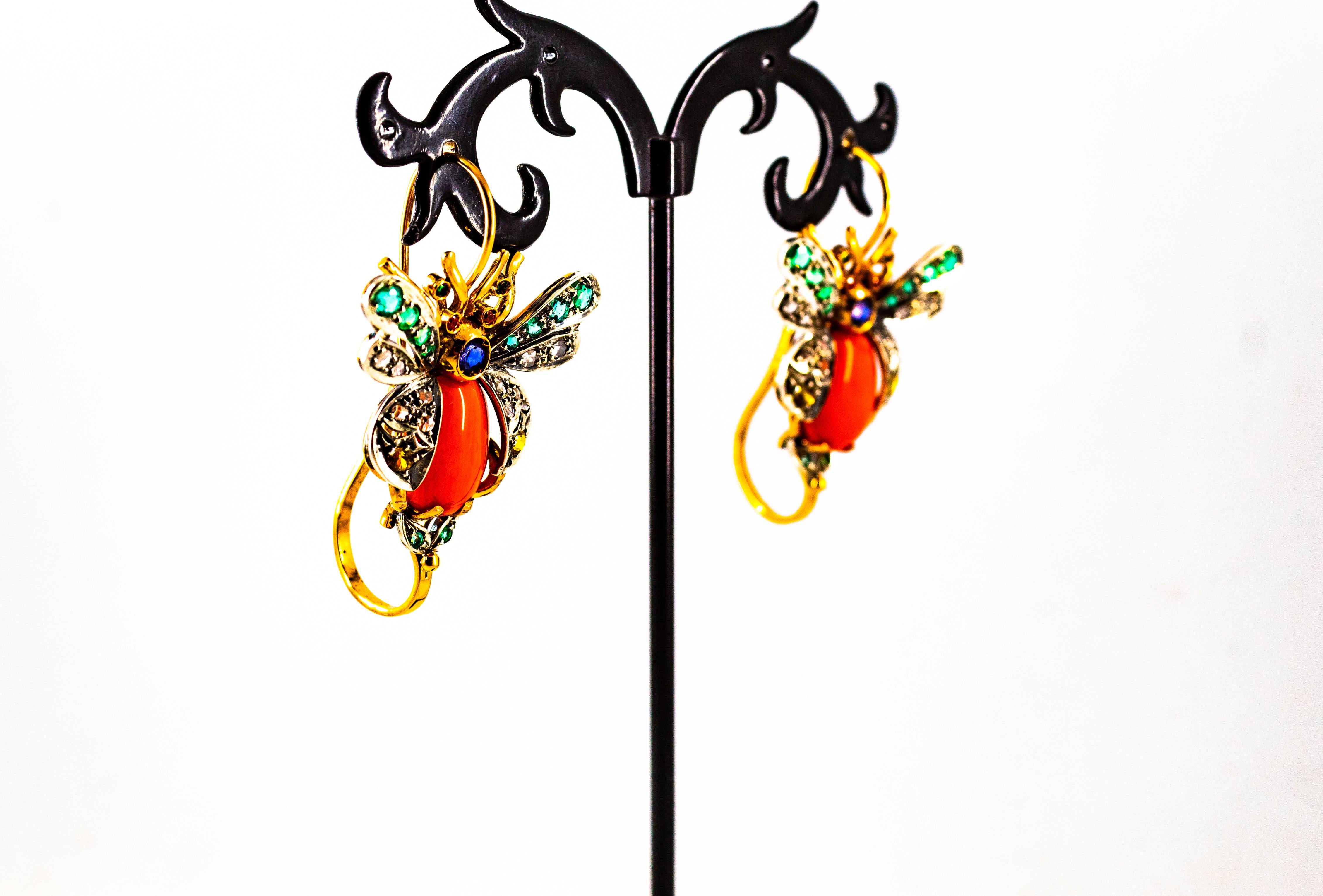 Art Nouveau White Diamond Emerald Sapphire Coral Yellow Gold Lever-Back Earrings For Sale 3