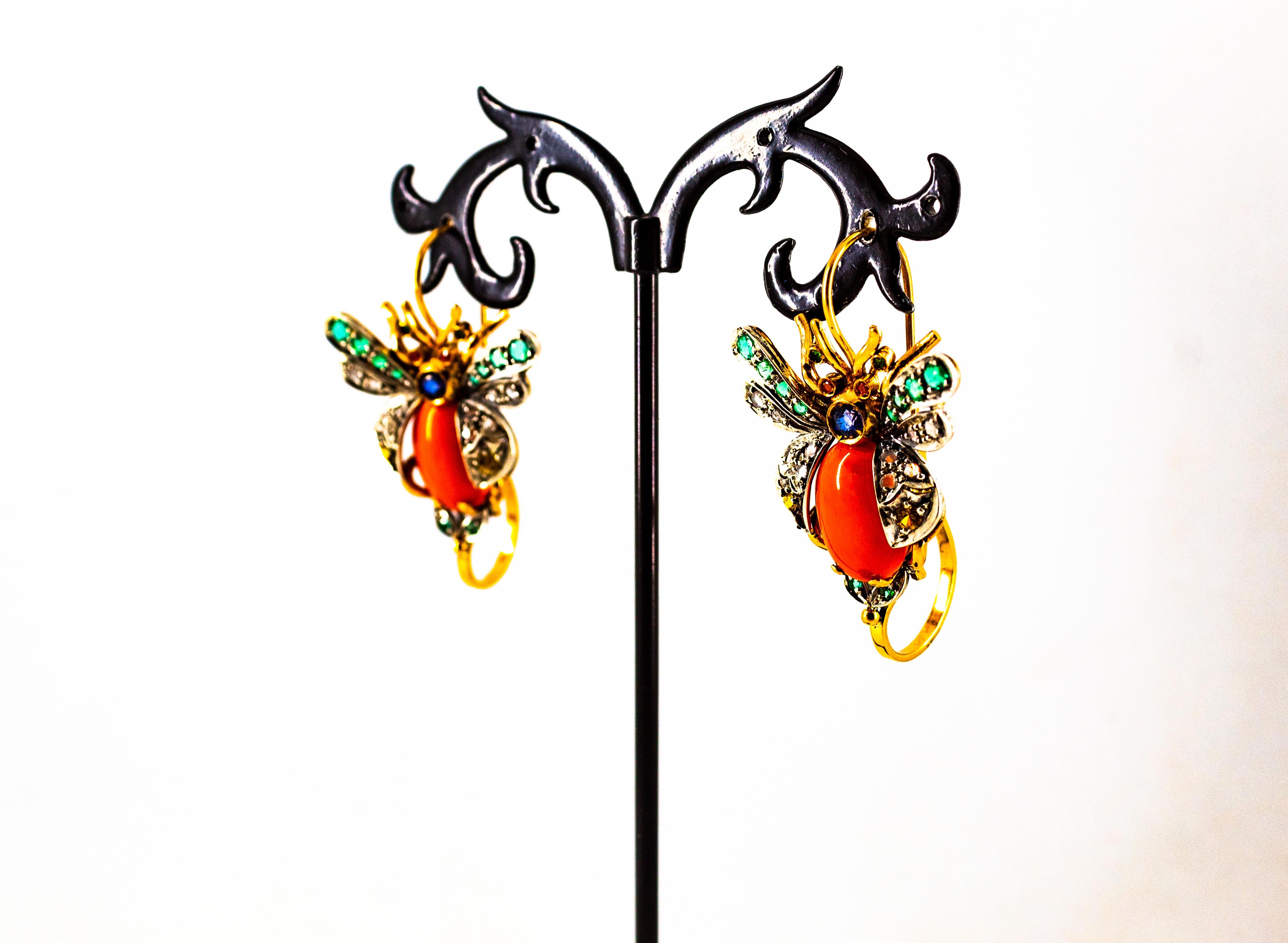 Art Nouveau White Diamond Emerald Sapphire Coral Yellow Gold Lever-Back Earrings For Sale 4