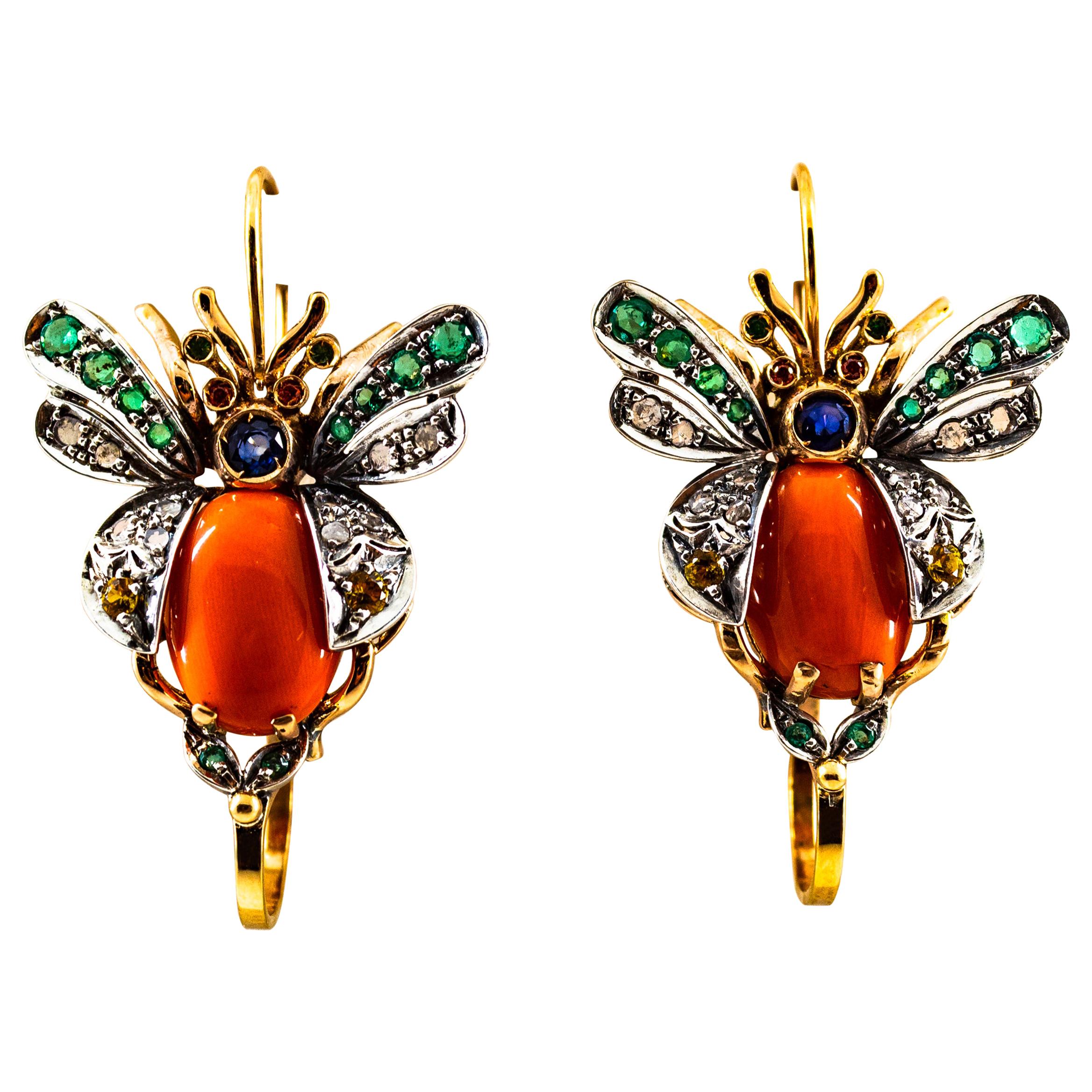 Art Nouveau White Diamond Emerald Sapphire Coral Yellow Gold Lever-Back Earrings For Sale